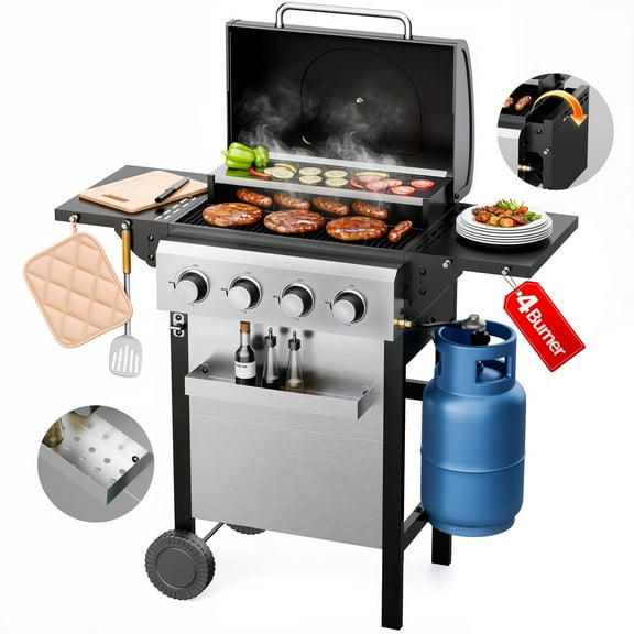 Furnibear 4 Burner BBQ Propane Gas Grill, Stainless Steel 34,000 BTU Patio Garden Barbecue Grill with Two Foldable Shelves