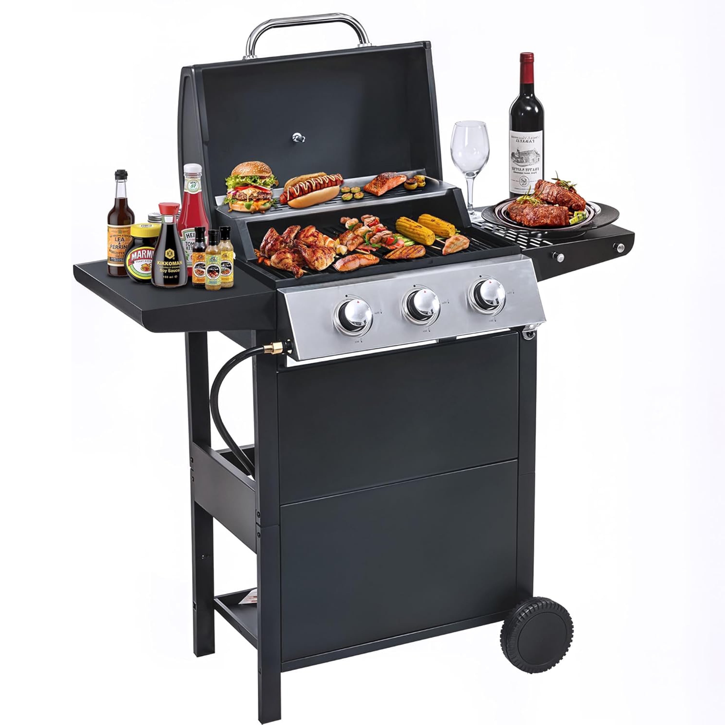 Propane Gas Grill 3 Burner Barbecue Grill, Stainless Steel 26,000 BTU Patio Garden Barbecue Grill with Two Shelves, Lid, Wheels and Bottle Opener