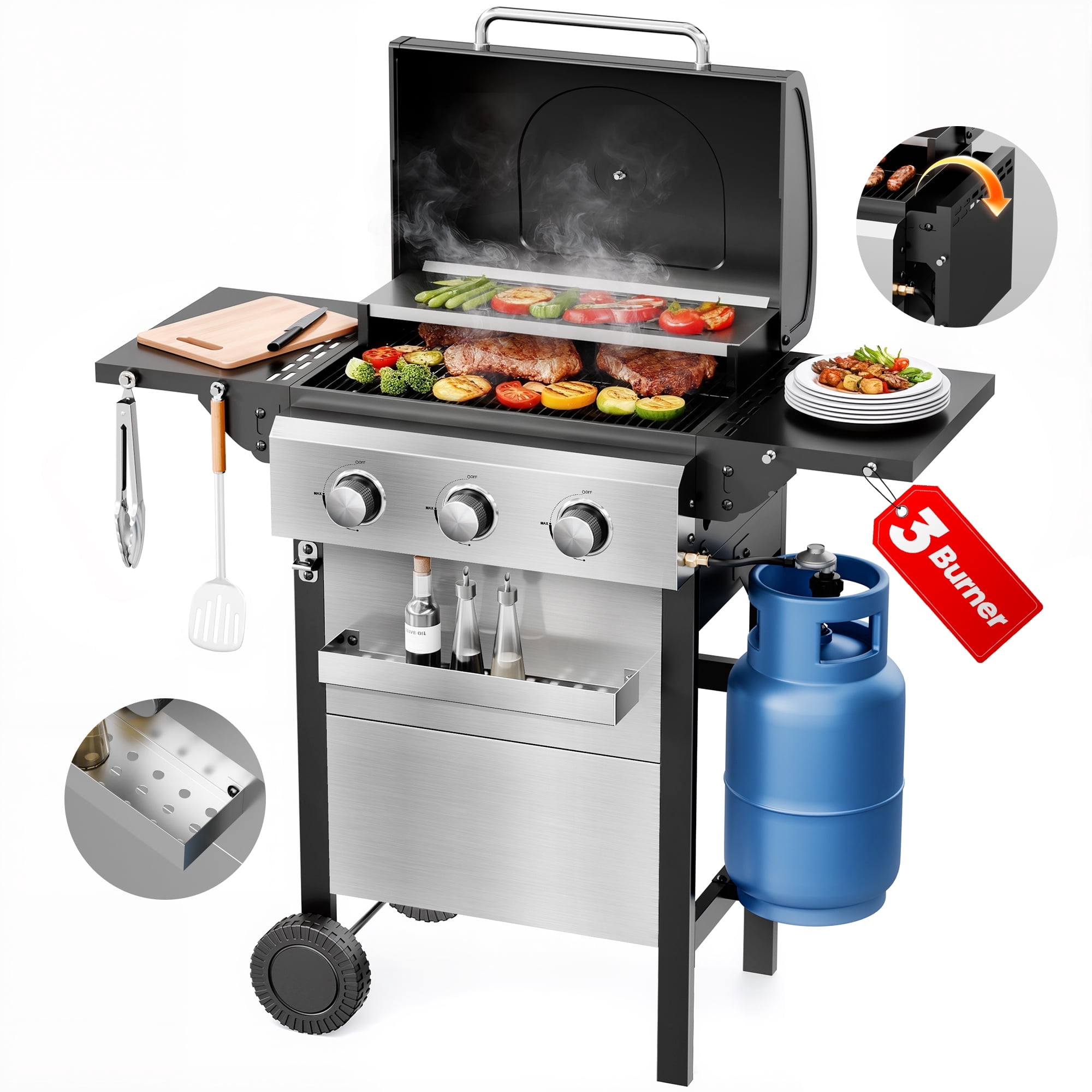 Biotree 3 Burner BBQ Propane Gas Grill, Stainless Steel 28,650 BTU Patio Garden Barbecue Grill with Two Foldable Shelves