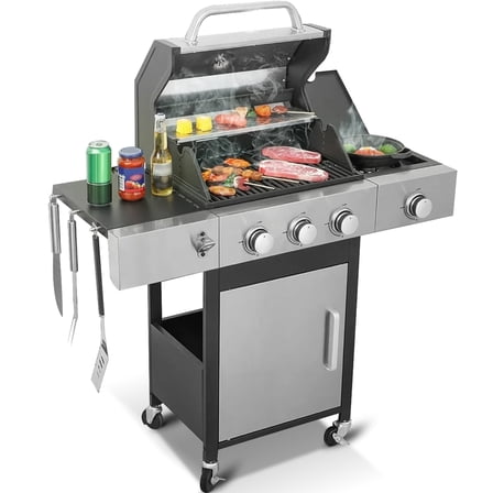 Furnibear 3 Burner BBQ Propane Gas Grill, Stainless Steel 26,000 BTU Patio Garden Barbecue Grill with Two Foldable Shelves