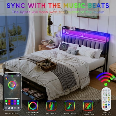 Furnibear LED Queen Bed Frame with Upholstered Storage Headboard and Drawers, LED Platform Bed with Charging Station, No Box Spring Needed