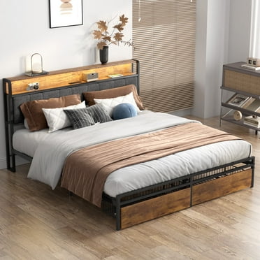 Furnibear Queen Bed Frame with Upholstered Storage Headboard and Drawers, LED Platform Bed with Charging Station, No Box Spring Needed