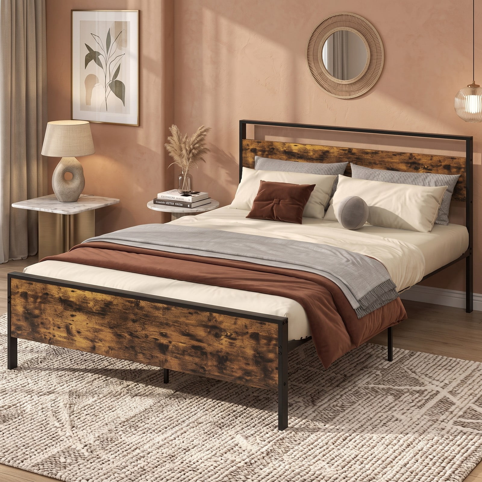 Furnibear Queen Bed Frame with Storage, Industrial Metal Platform Bed with Wooden Headboard and Under-Bed Space, Rustic Brown