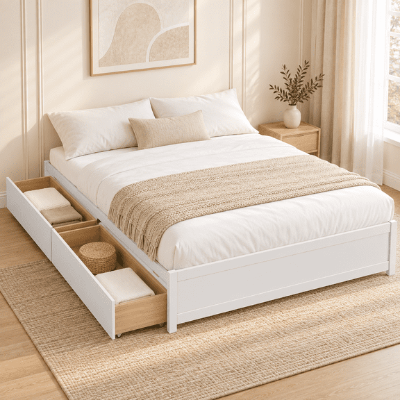 Furnibear Full Size Bed Frame with 2 Rolling Storage Drawers, Wood Slat Support Space-Saving Platform Bed with Headboard, White