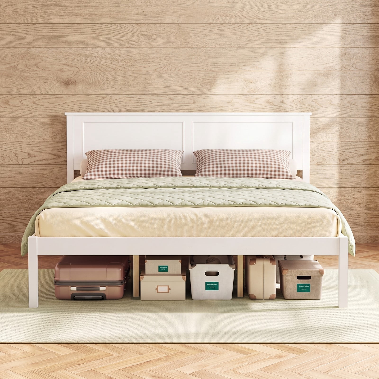 Furnibear Queen Size Farmhouse Wood Bed Frame Platform Bed with Paneled Headboard and Under Bed Storage for Bedroom Guest Room, White