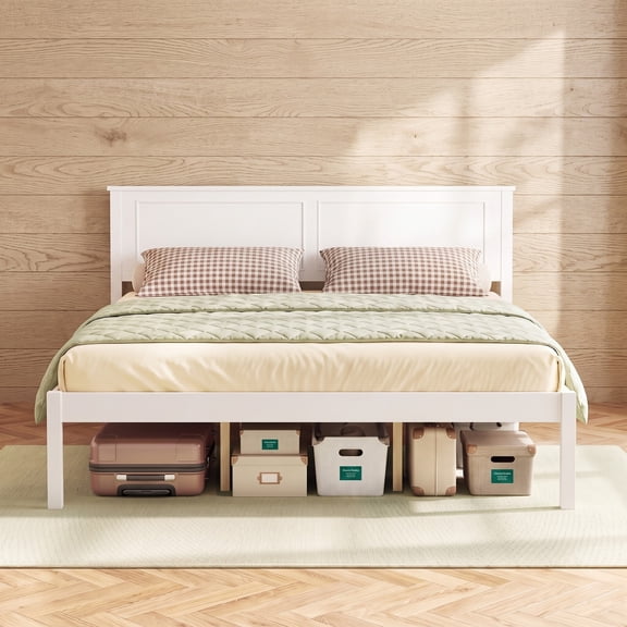 Furnibear Queen Size Farmhouse Wood Bed Frame Platform Bed with Paneled Headboard and Under Bed Storage for Bedroom Guest Room, White