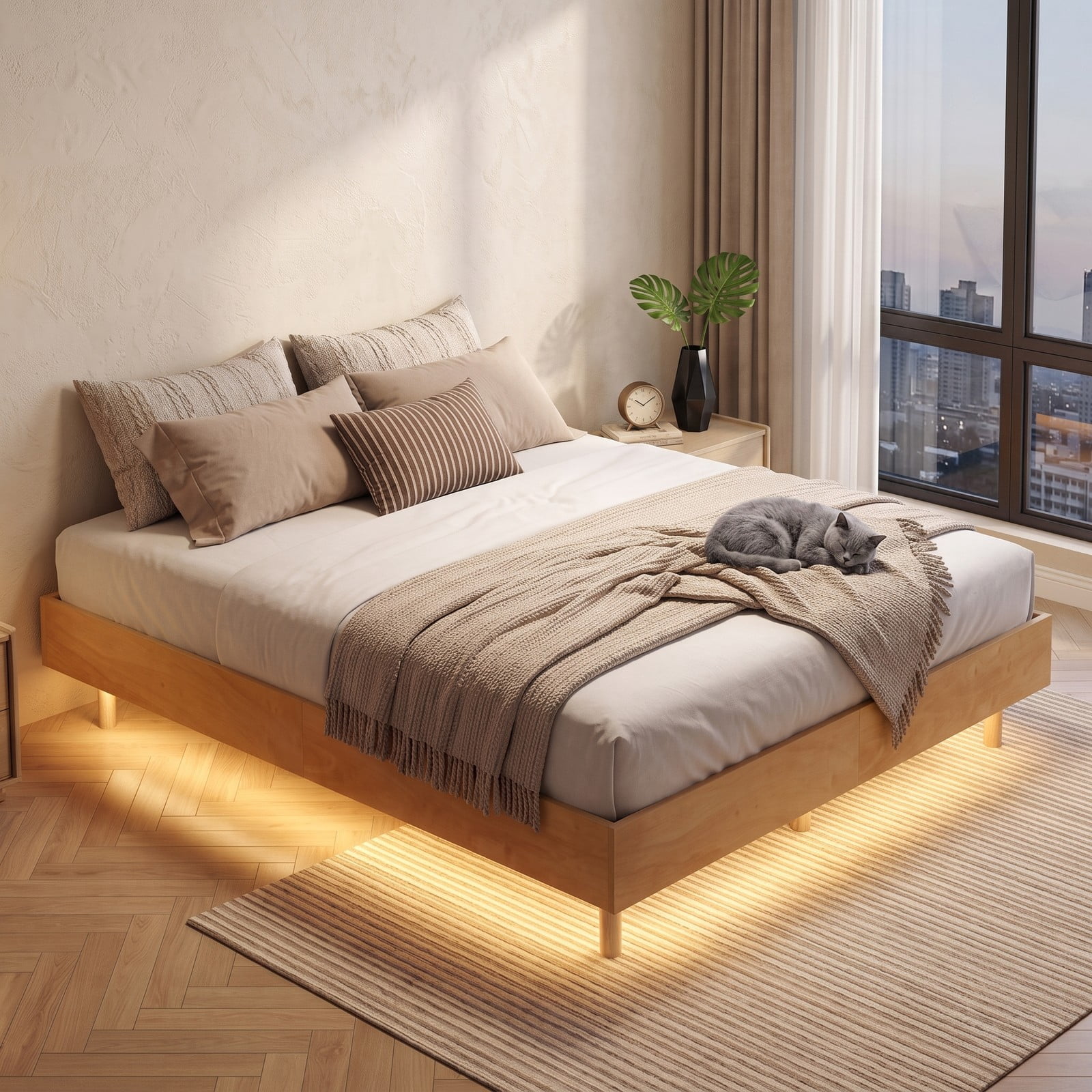 Furnibear Queen Bed Frame Floating Wood Platform Bed with RGB LED Lights and Remote Control, No Box Spring Needed, Natural
