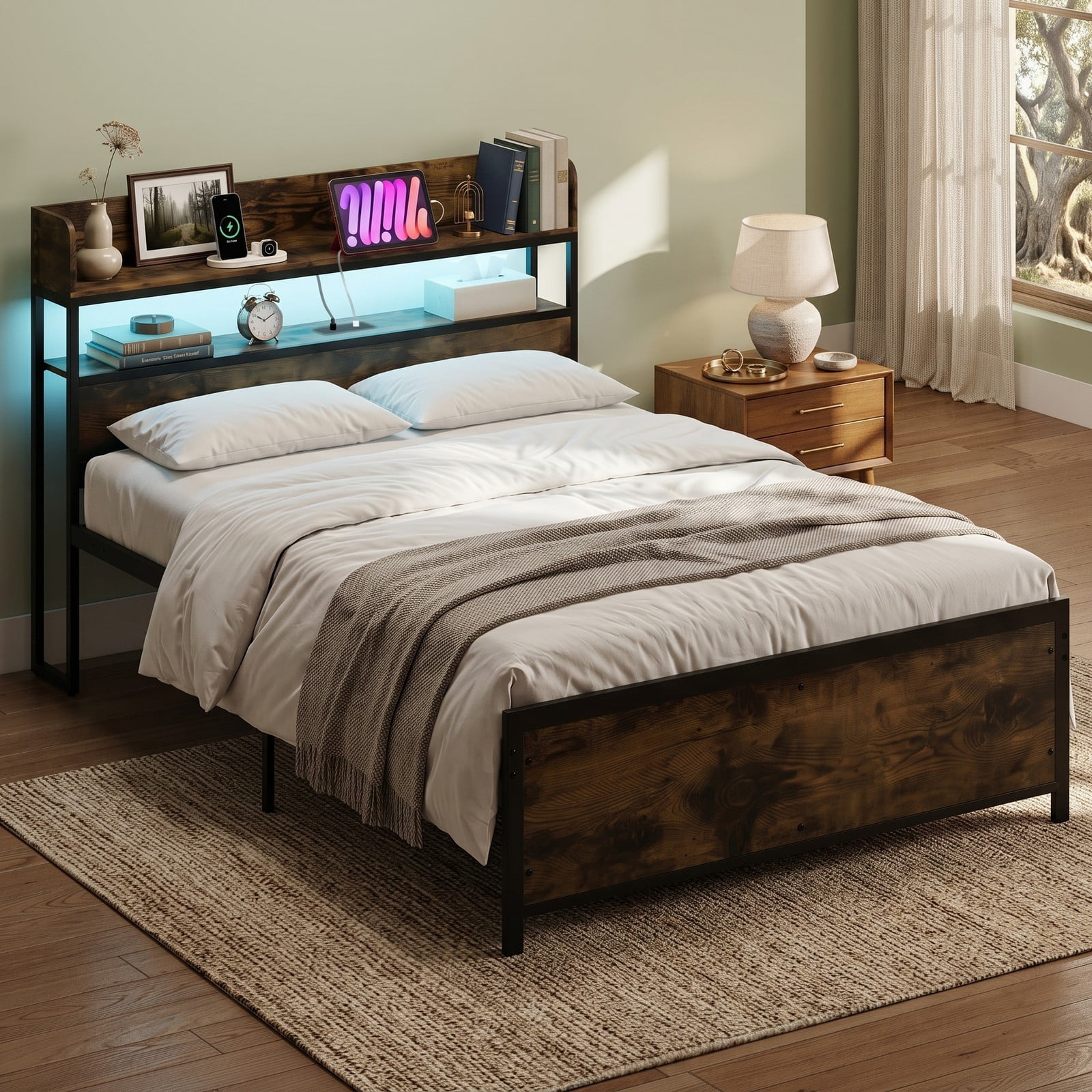 Furnibear Queen Size Bed Frame with Storage Headboard, LED Platform Bed Frame with Power Outlets and USB Ports, Rustic Brown