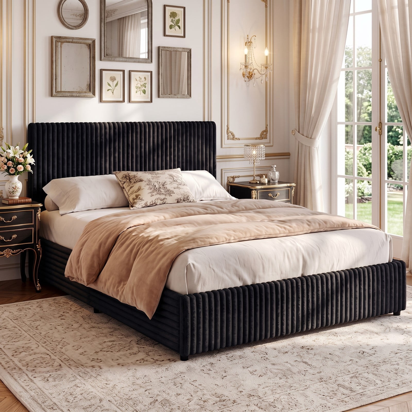 Furnibear Queen Size Lift Up Storage Bed Frame with Channel Tufted Upholstered Headboard, Platform Bed with Wooden Slat Support for Bedroom, Black