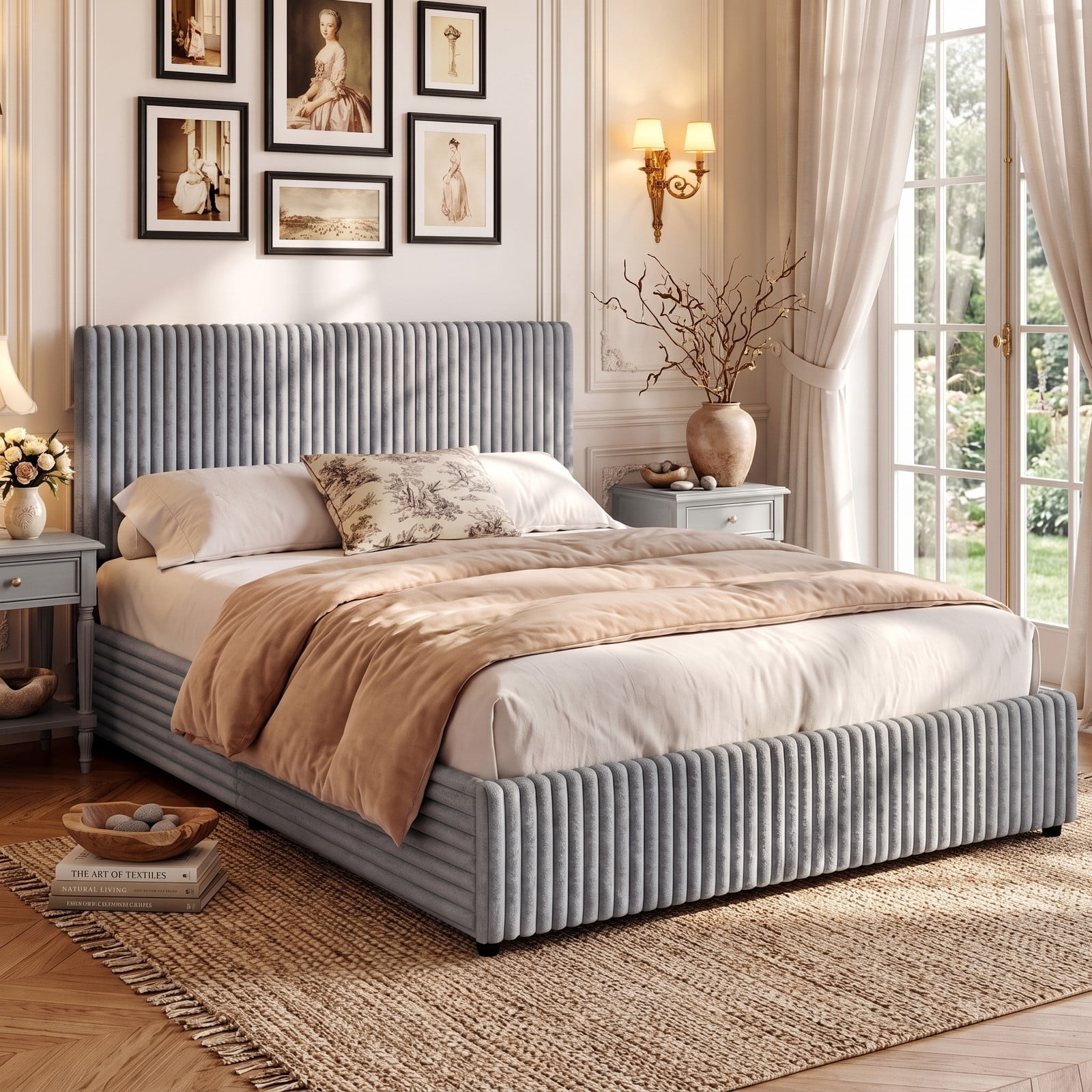 Furnibear Queen Size Bed Frame with Storage, Lift Up Upholstered Platform Bed Frame with Channel Tufted Headboard for Bedroom, Gray