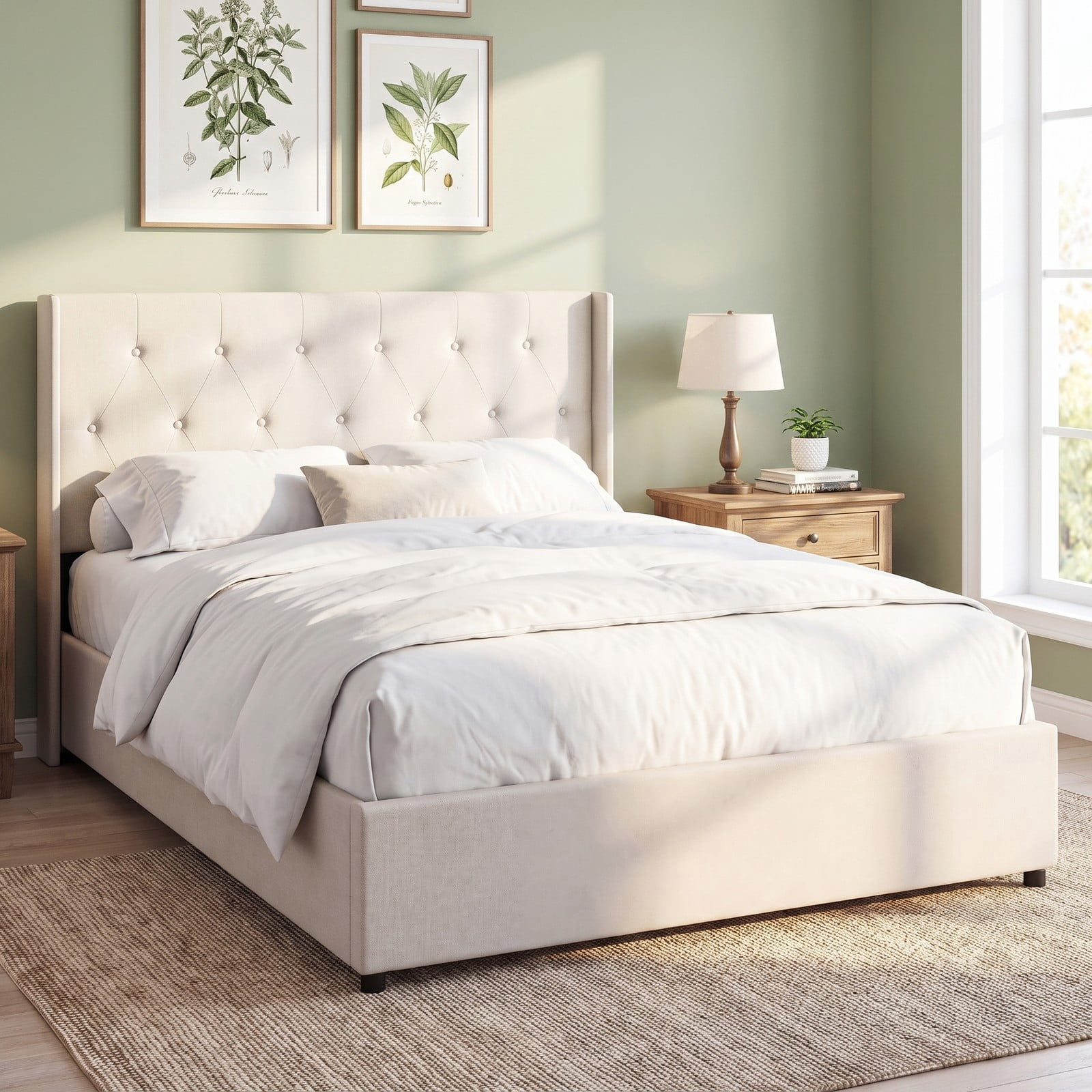 Furnibear Queen Bed Frame with Storage, Lift Up Storage Bed Frame with Tufted Wingback Linen Headboard and Wood Slat Support, Beige