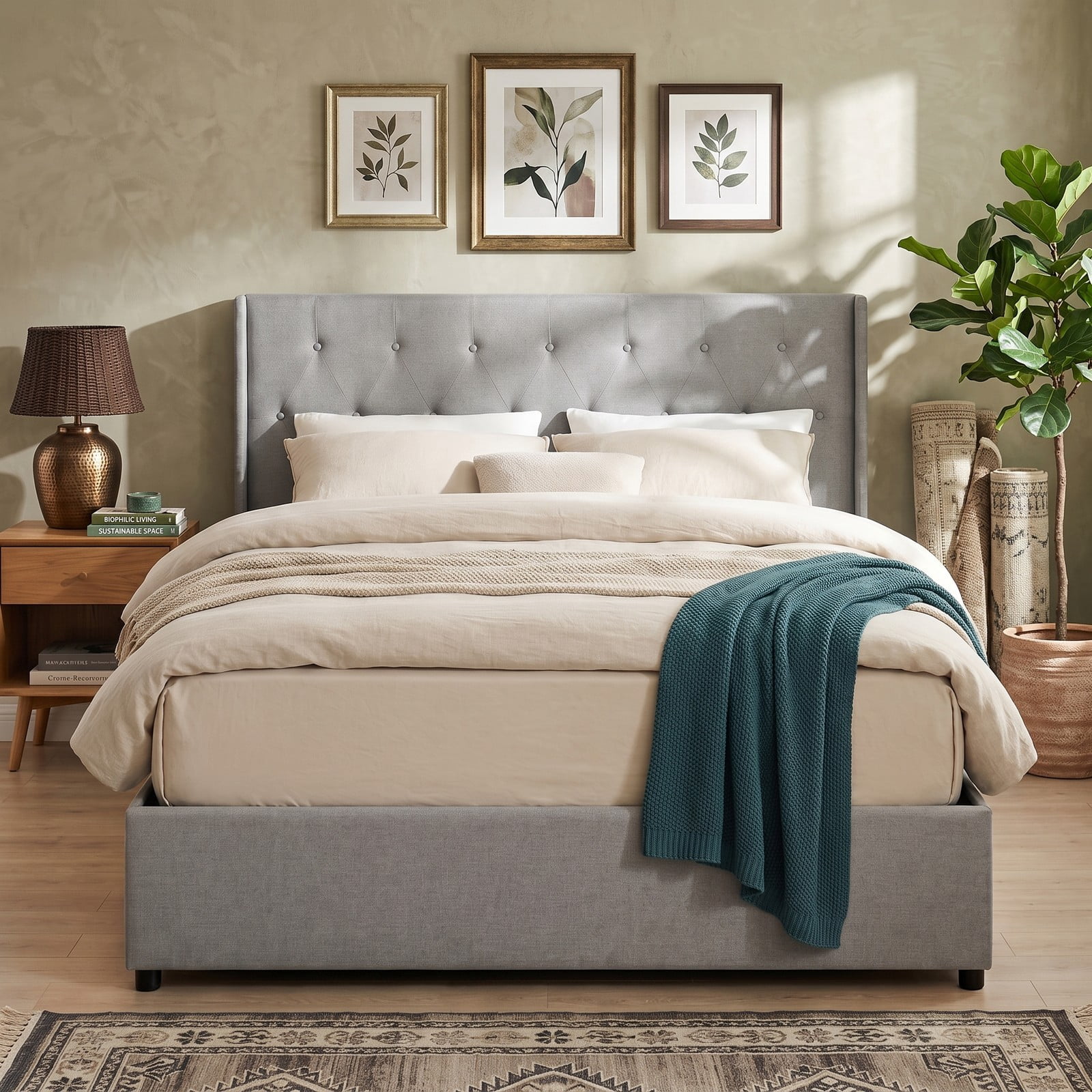 Furnibear Queen Size Bed Frame with Storage, Lift Up Upholstered Platform Bed Frame with Tufted Wingback Linen Headboard, Gray