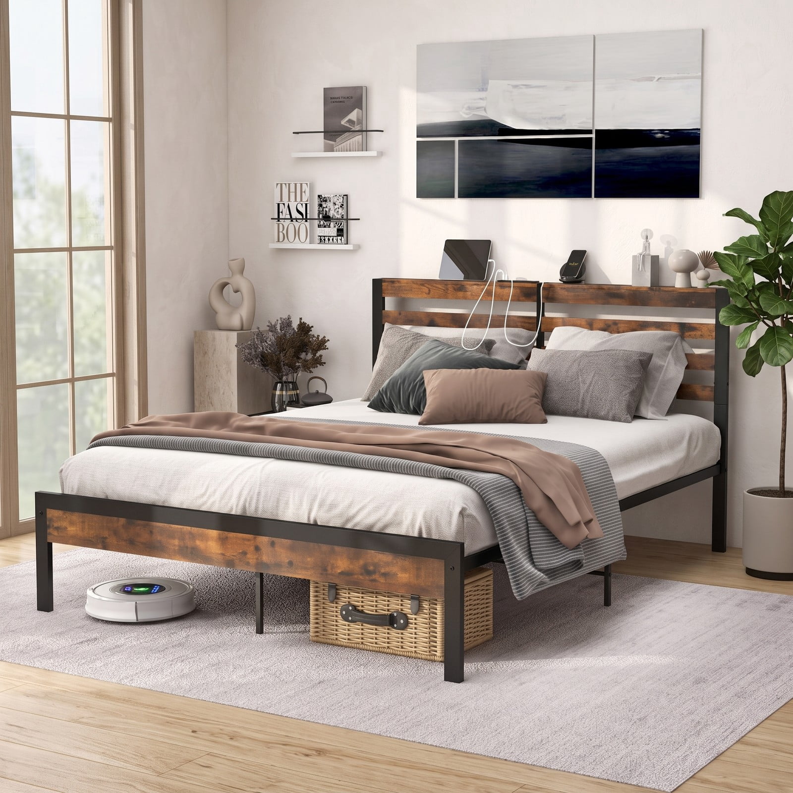 Furnibear Queen Bed Frame with Storage, Metal Platform Bed with Storage Headboard and Charging Station, Rustic Brown