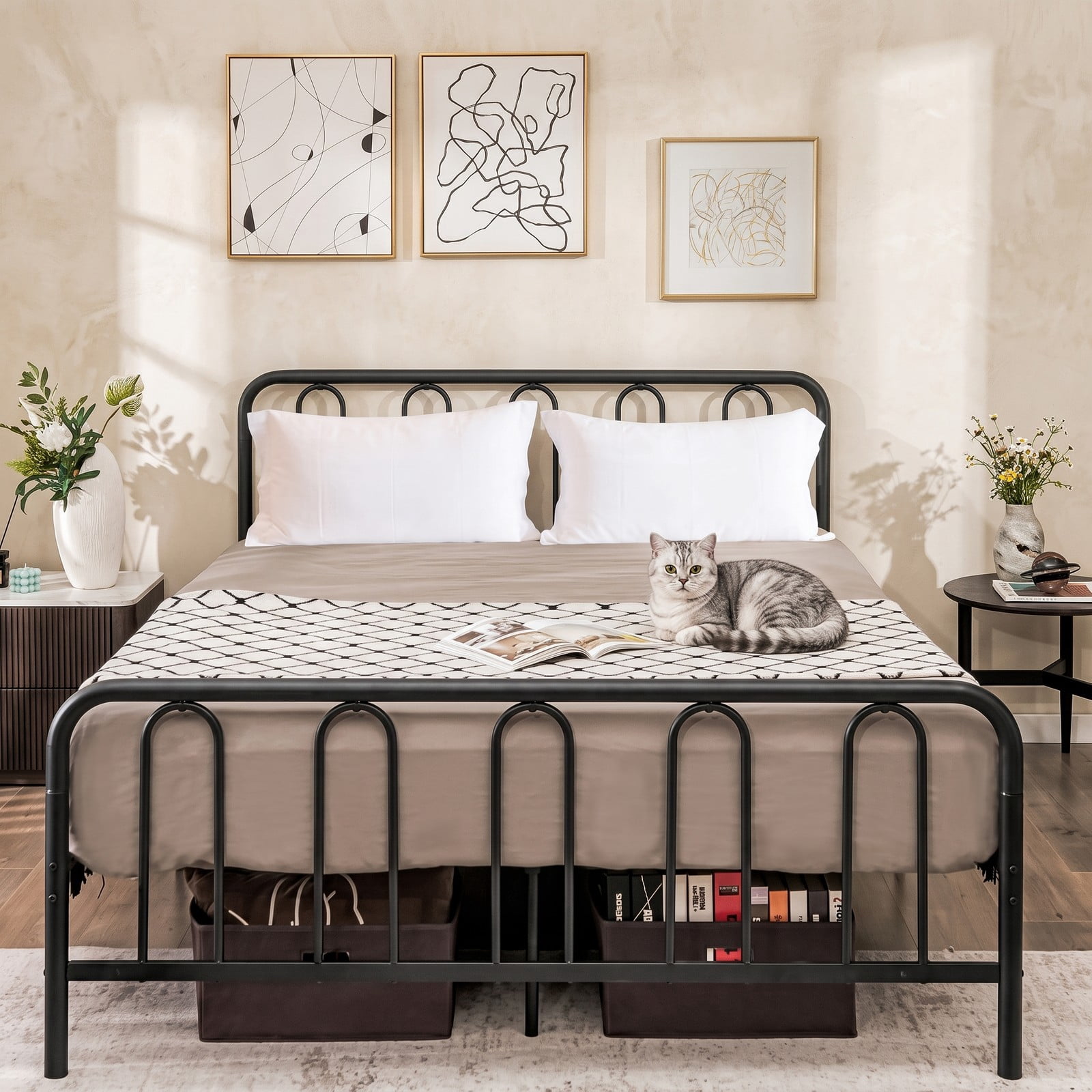 Furnibear Queen Bed Frame with Headboard, Metal Platform Bed Frame with Arched Headboard, Footboard and Under Bed Storage, Black
