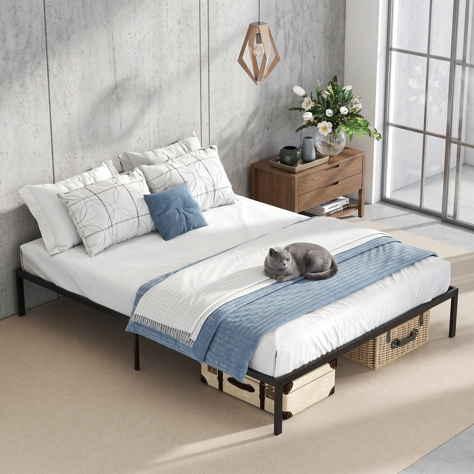 Furnibear Queen Size Metal Bed Frame with Heavy Duty Slat Support and Extra Center Legs, Platform Bed Frame No Box Spring, Black