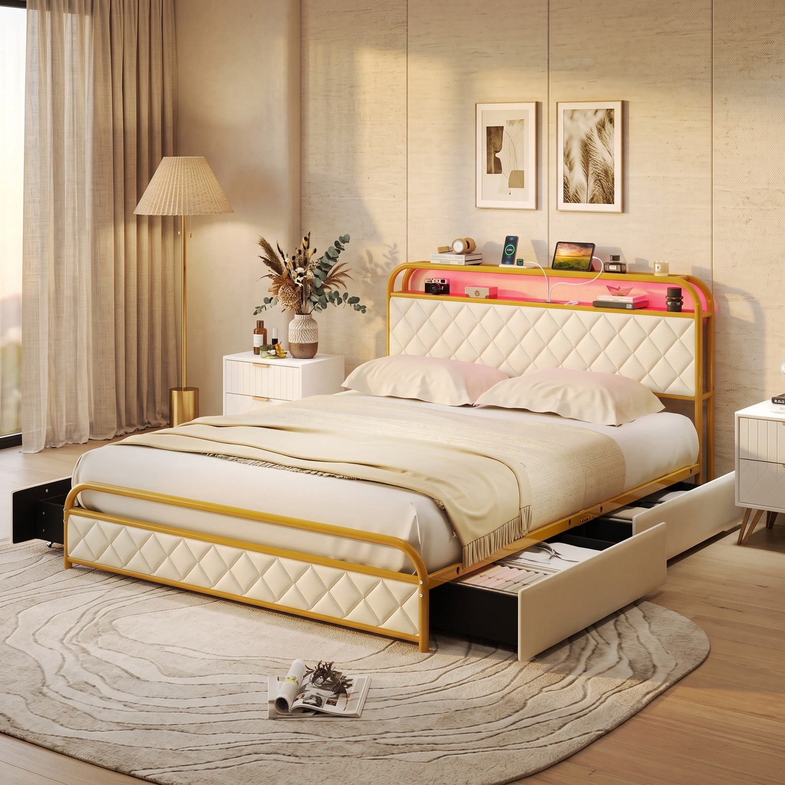 Furnibear Queen Size Bed Frame with LED Lights Charging Station 4 Drawers and Upholstered Headboard, Queen Platform Bed Frame for Bedroom, Gold