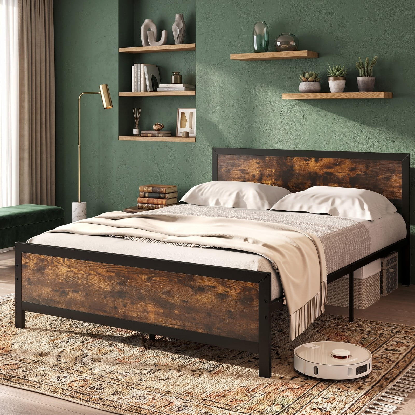 Furnibear Queen Size Bed Frame Metal Platform Bed with Wood Panel Headboard and Footboard, Under Bed Storage No Box Spring Needed, Rustic Brown