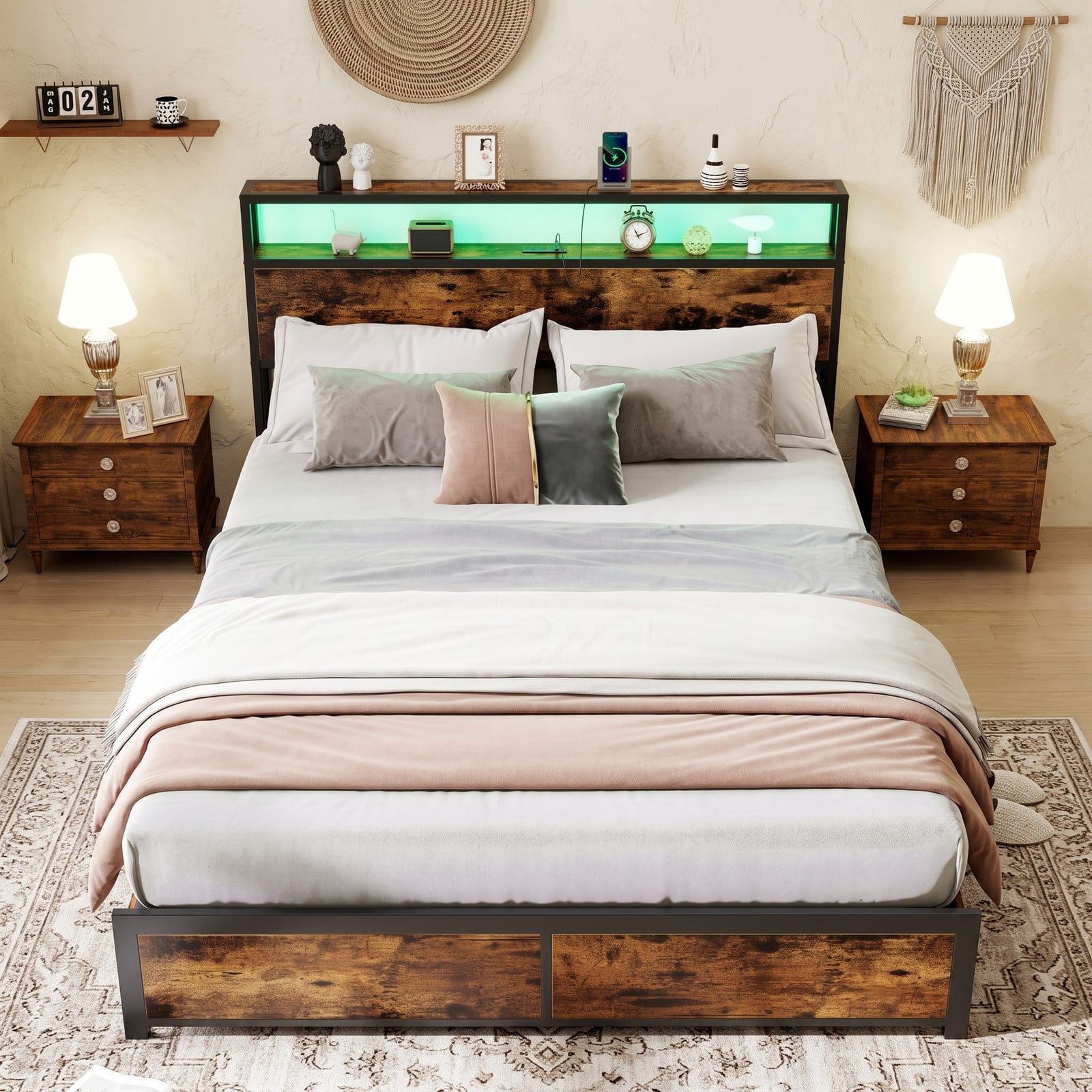 Furnibear Queen Size Bed Frame with 4 Storage Drawers, Metal LED Platform Bed with Charging Station and 2-Tier Headboard, Rustic Brown