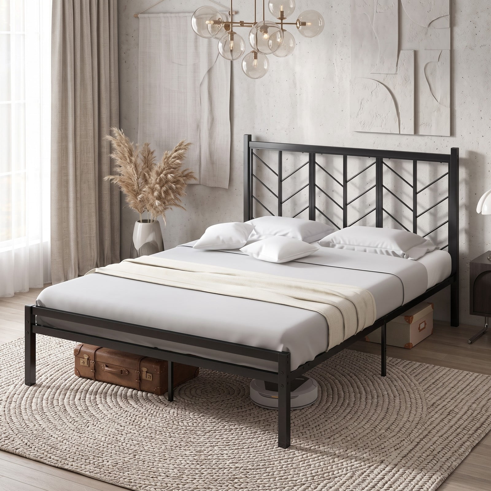 Furnibear Queen Bed Frame, Metal Platform Bed Frame with Chevron Branch Headboard, Queen Bed Frame with Slatted Support, No Box Spring, Black