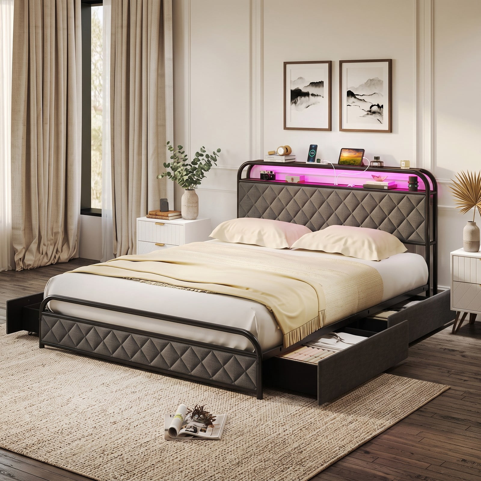 Furnibear Queen Size Metal Platform Bed Frame with LED Lights and 4 Storage Drawers with USB Charging Station for Bedroom, Gray