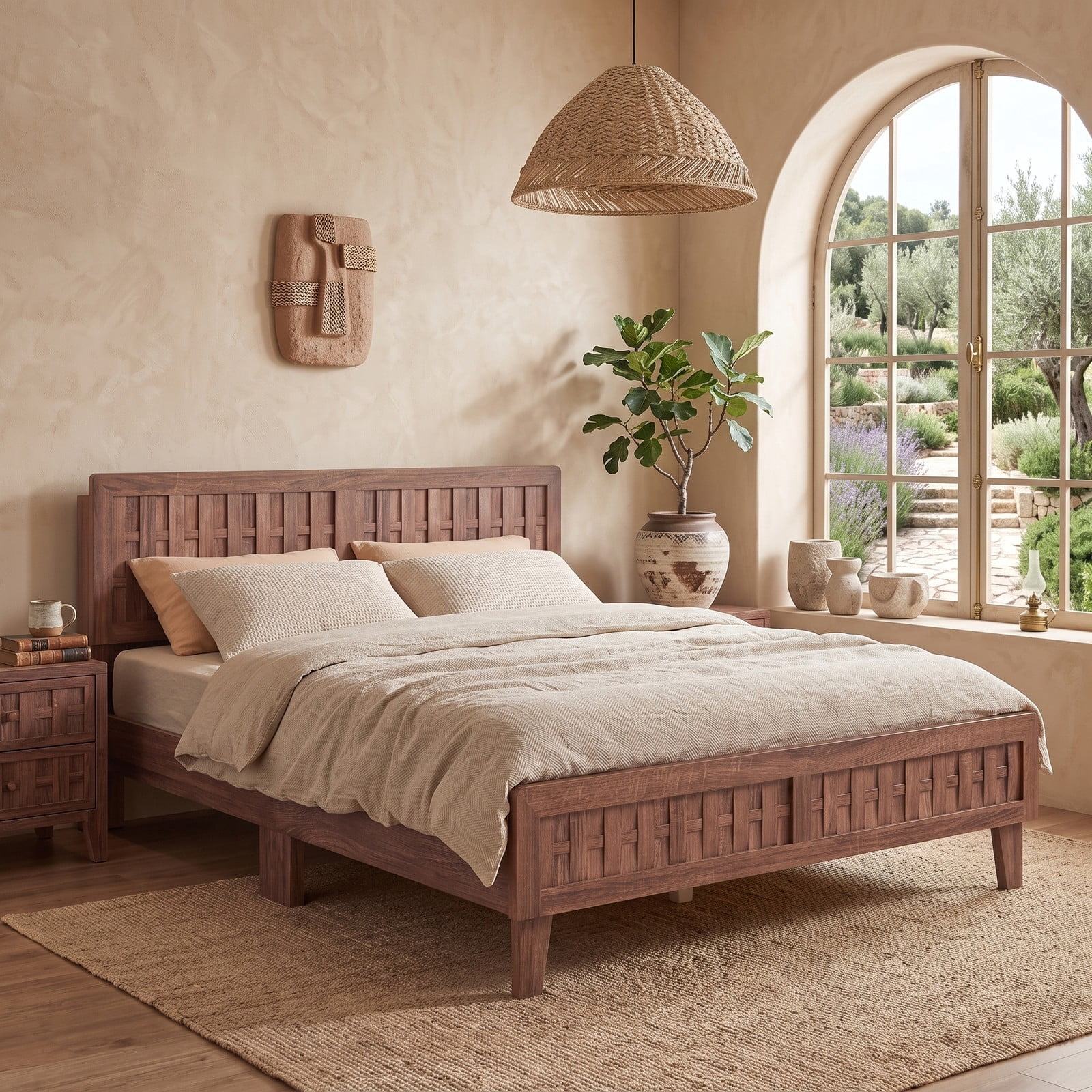 Furnibear Queen Size Mid Century Wood Platform Bed Frame with Woven Accent Headboard and Footboard for the Bedroom, Walnut