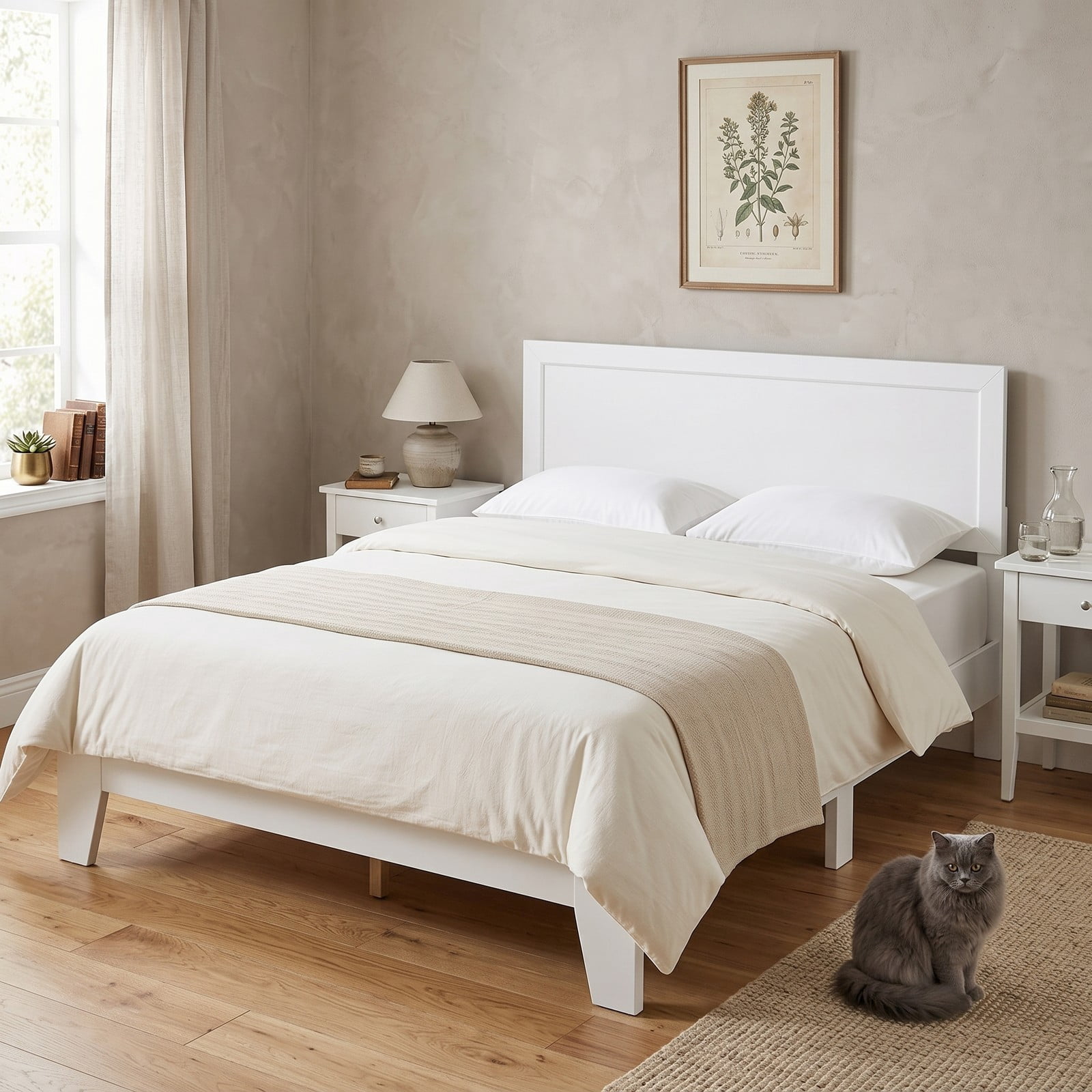 Furnibear Queen Bed Frame with Headboard, Modern Wood Platform Bed with Panel Headboard, Wooden Slats and Tapered Legs, White