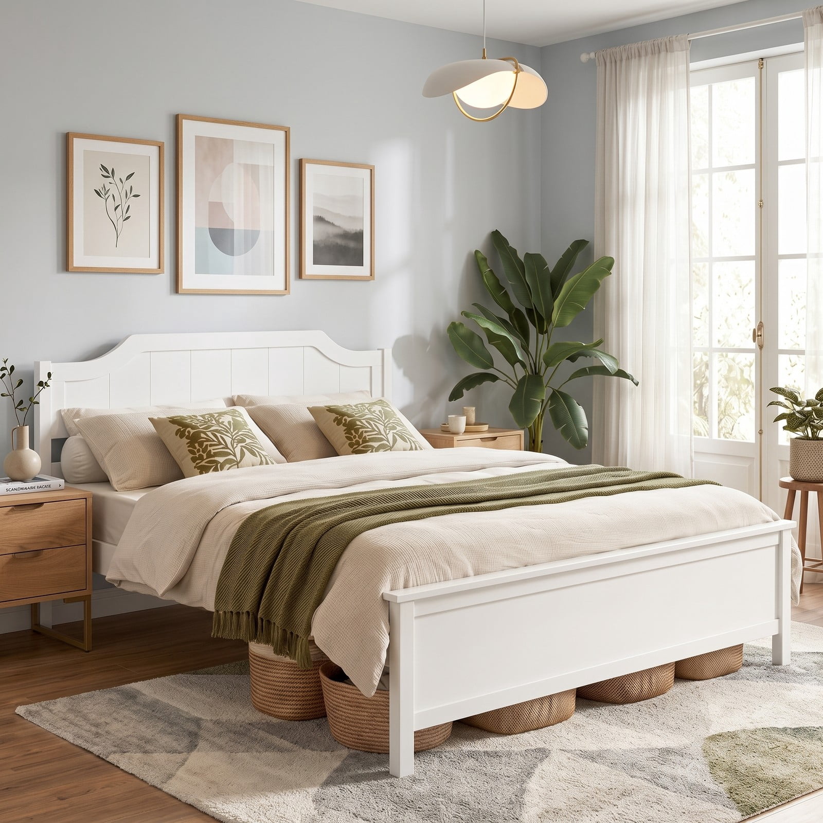 Furnibear Queen Size Bed Frame Solid Wood Platform Bed Frame with Curved Headboard and Footboard for Bedroom and Guest Room, White