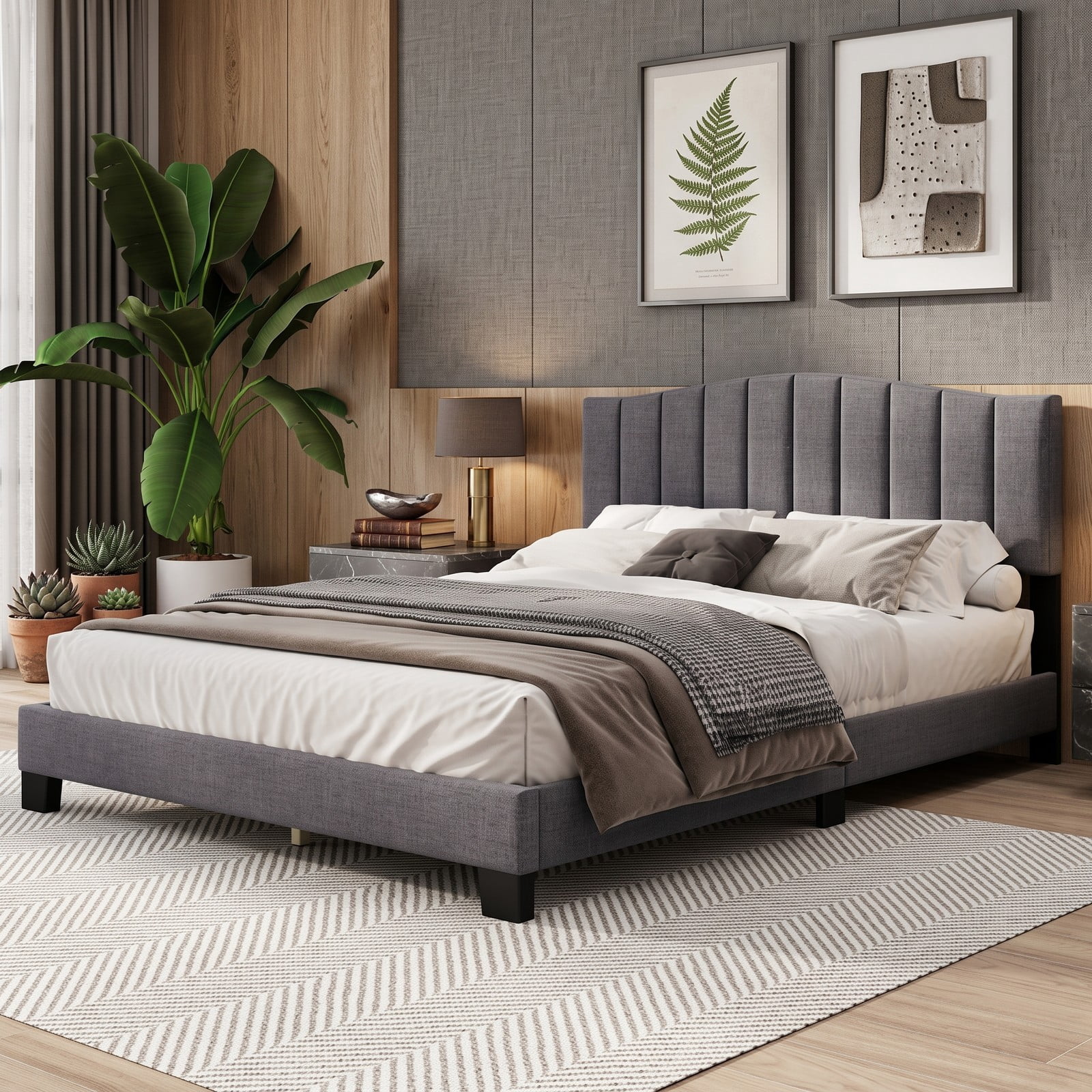 Furnibear Queen Size Bed Frame Upholstered Platform Bed with Adjustable Channel Tufted Wingback Headboard, No Box Spring Needed, Gray