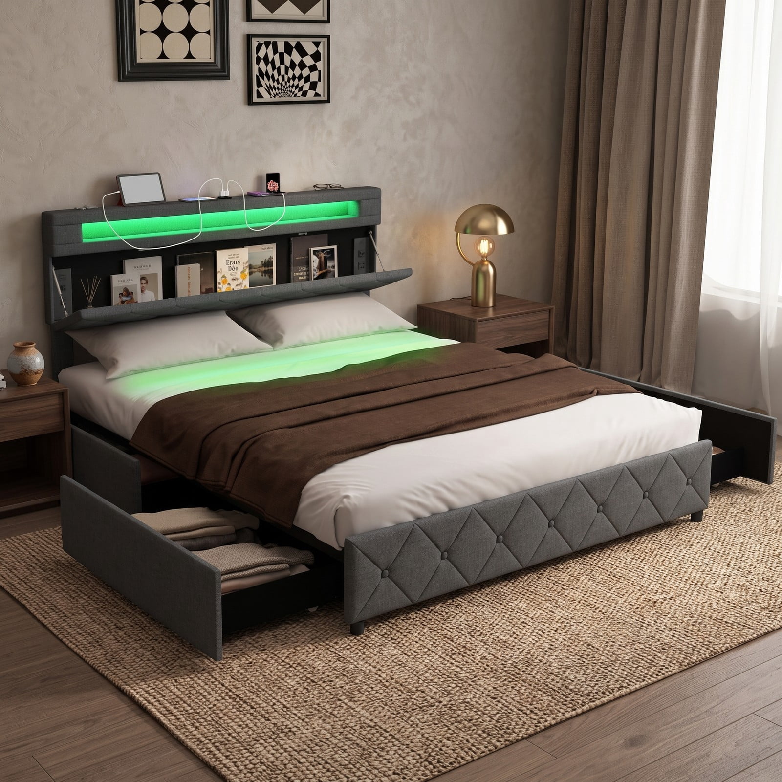 Furnibear Queen Size Bed Frame with LED Storage Headboard 4 Drawers and USB Ports, Upholstered Queen Platform Bed Frame for Bedroom, Gray
