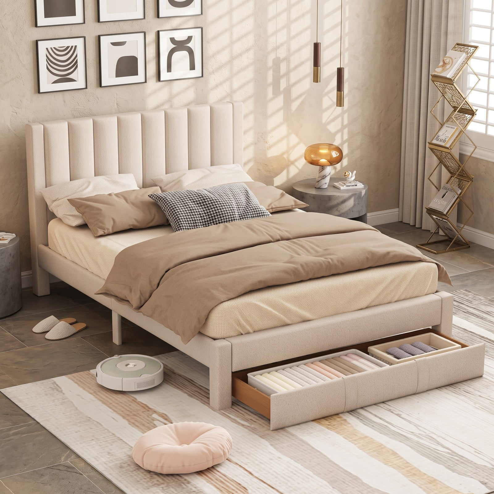 Furnibear Queen Size Bed Frame with Storage, Upholstered Platform Bed Frame with Wingback Headboard and Drawer, Queen Bed Frame No Box Spring, Beige