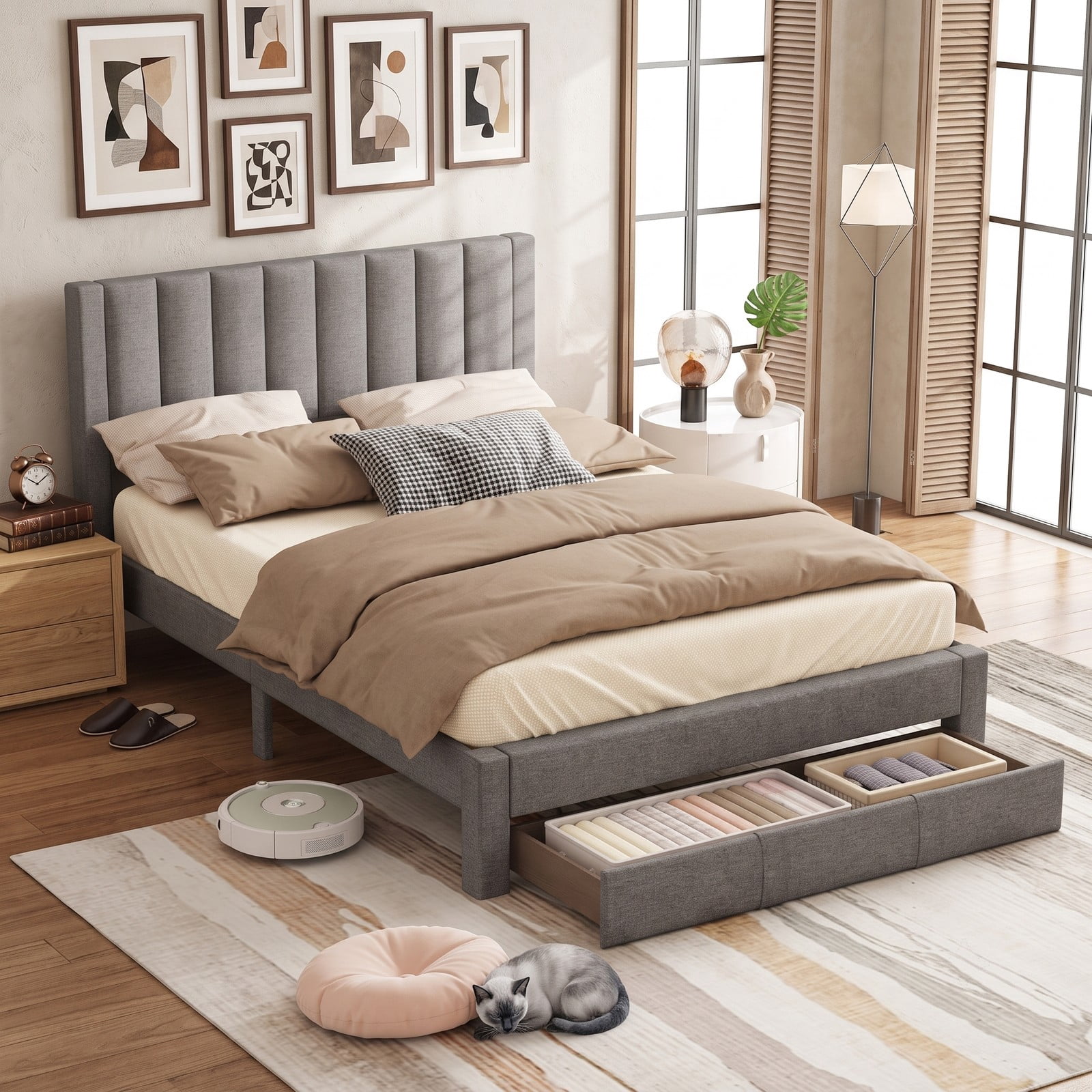 Furnibear Queen Size Upholstered Bed Frame with Wingback Headboard, Storage Bed Frame with Drawer, Queen Platform Bed Frame for Bedroom, Gray