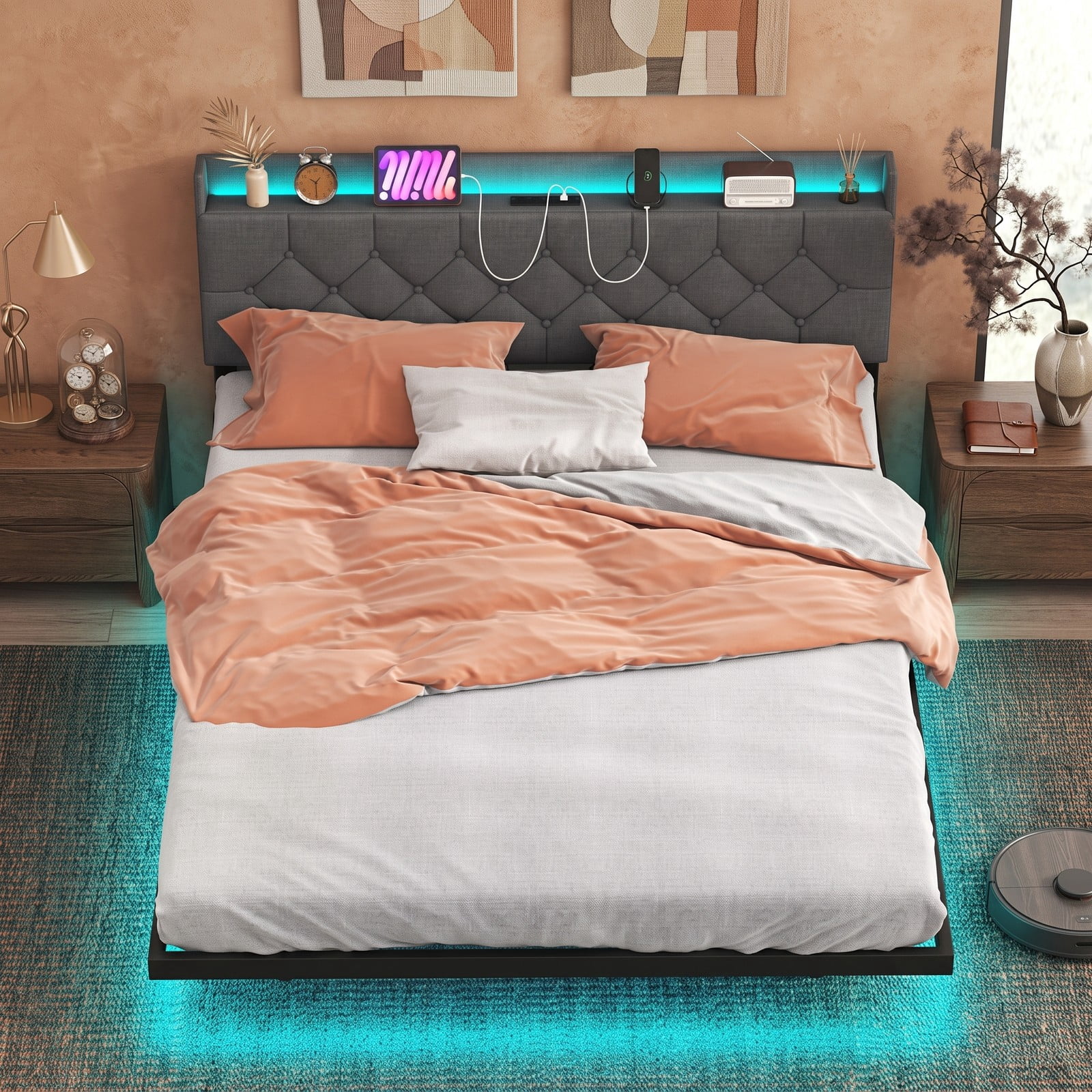 Furnibear Queen Size Bed Frame Upholstered Floating Platform Bed with LED Lights, Storage Headboard and Charging Station, Gray