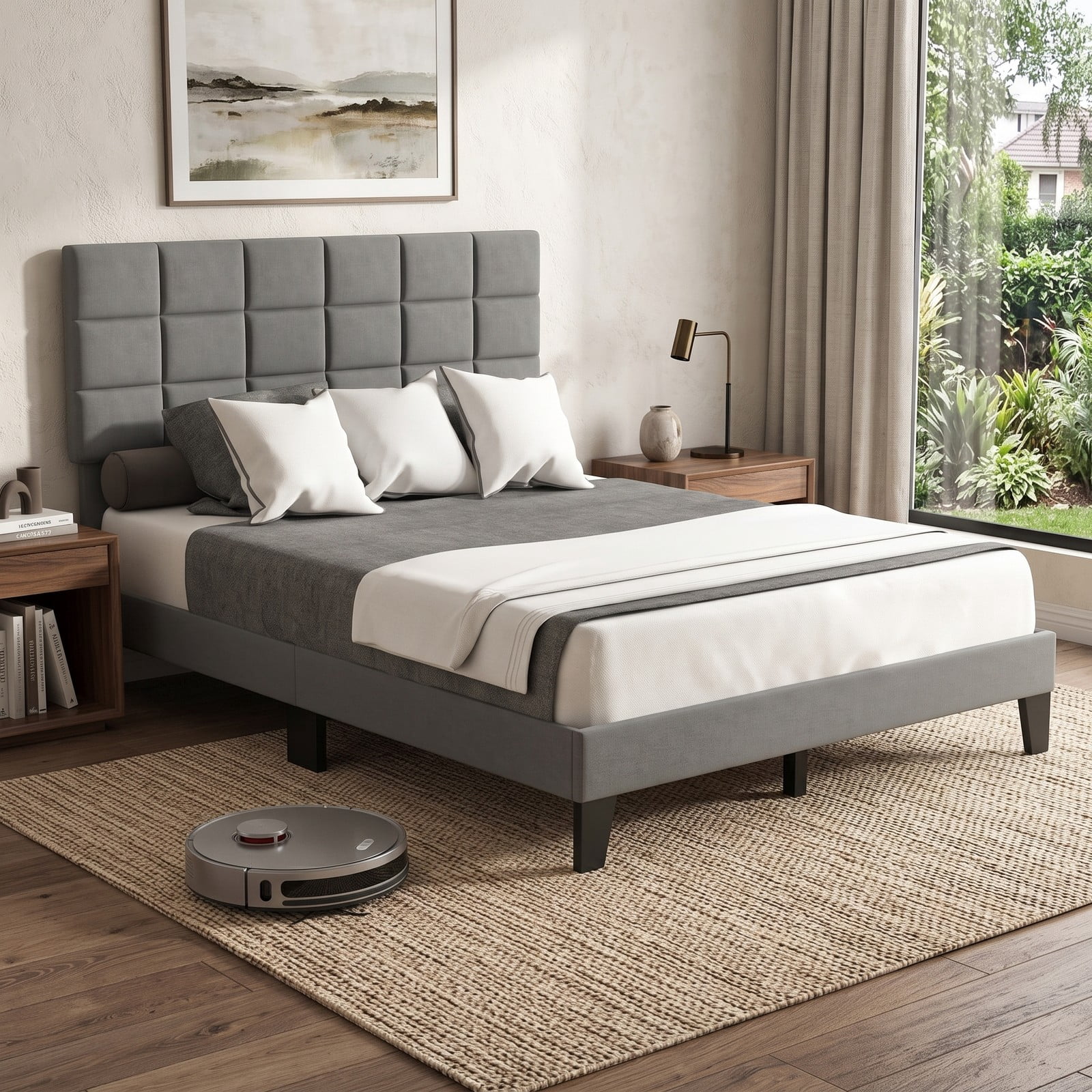 Furnibear Queen Size Bed Frame, Upholstered Linen Platform Bed with Adjustable Square Tufted Headboard and Wood Slats for Bedroom, Gray