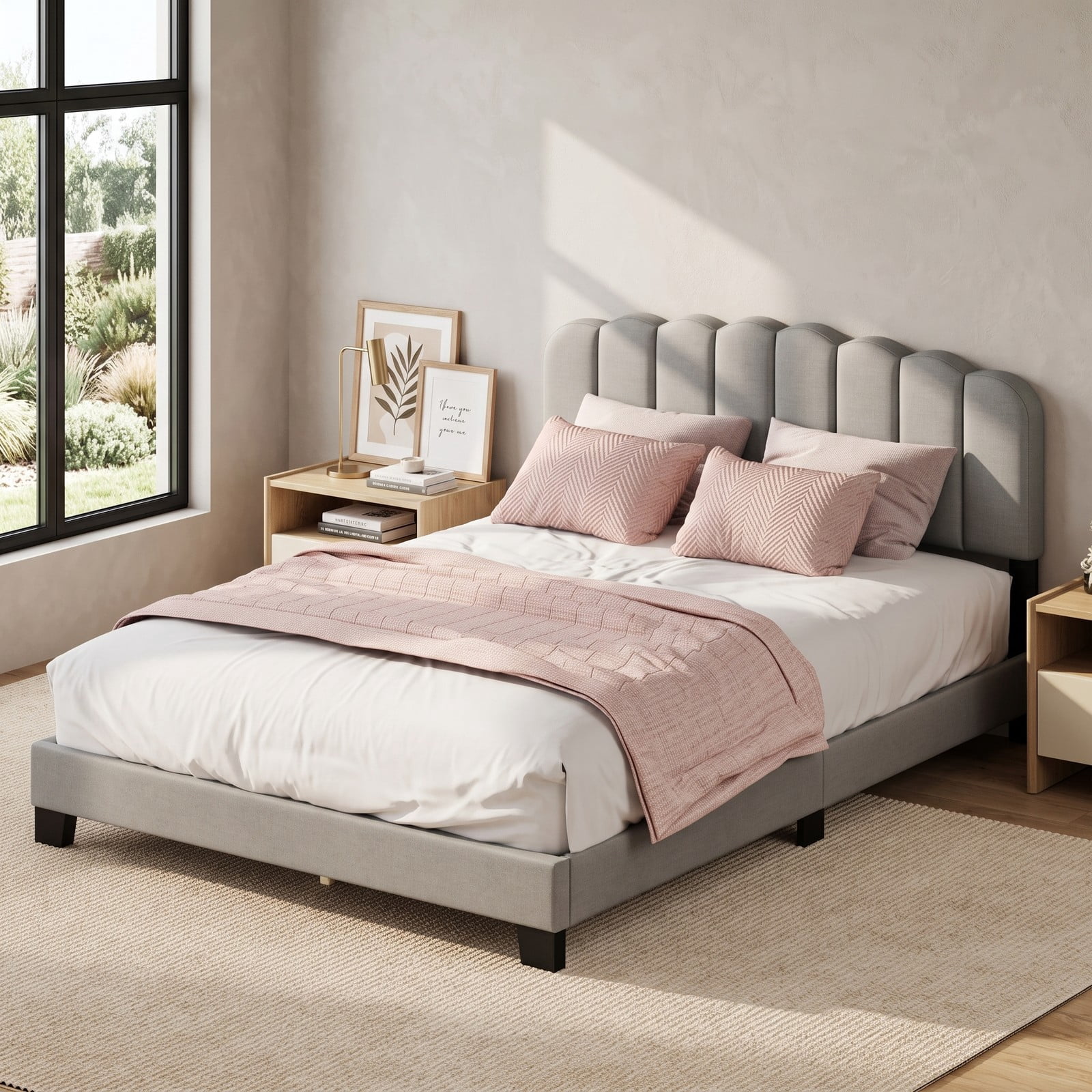 Furnibear Queen Size Bed Frame, Upholstered Platform Bed Frame with Adjustable Scalloped Headboard and LVL Slat Support, Queen Bed No Box Spring, Gray