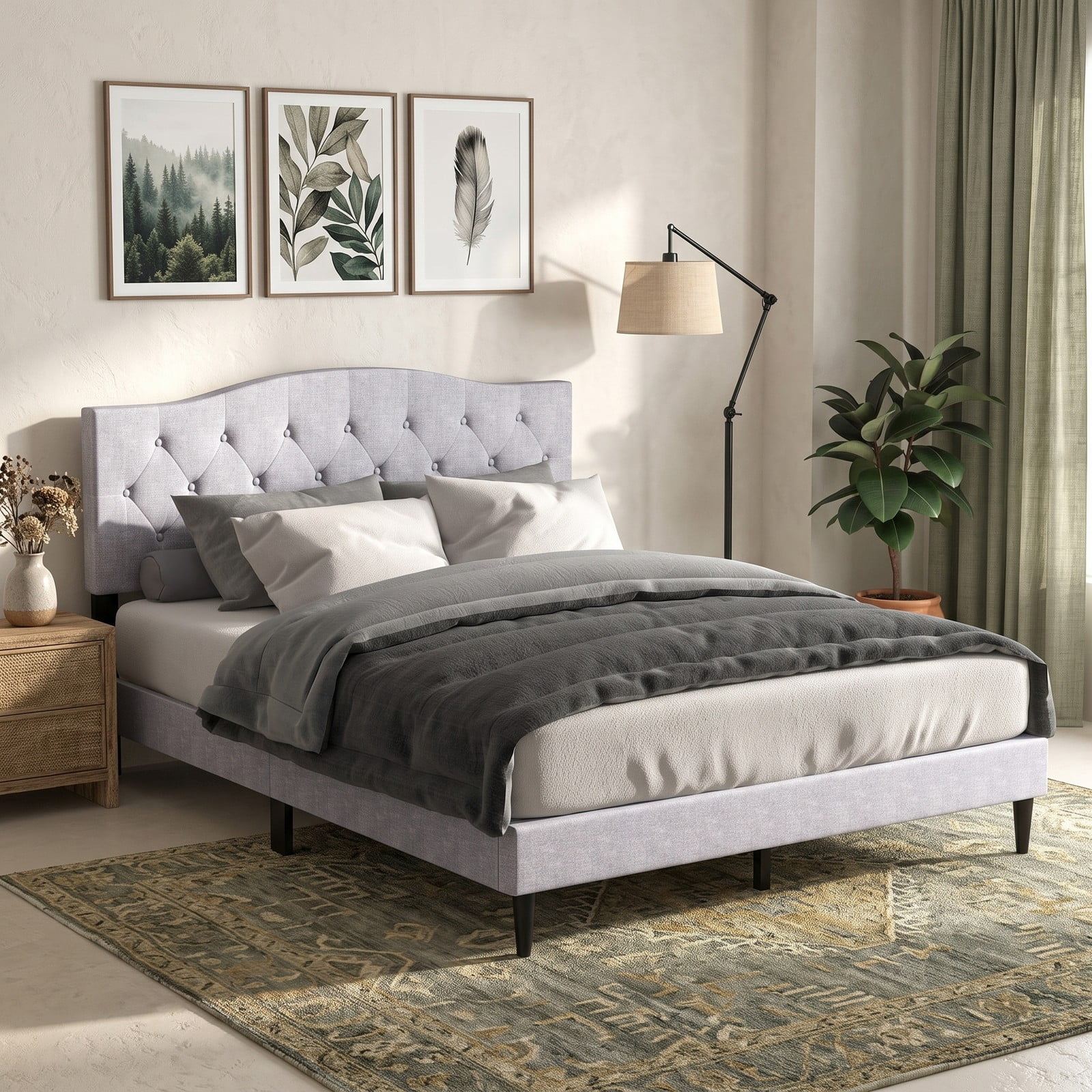 Furnibear Queen Bed Frame Upholstered Platform Bed with Button Tufted Headboard and Wooden Slats for Bedroom and Guest Room, Gray