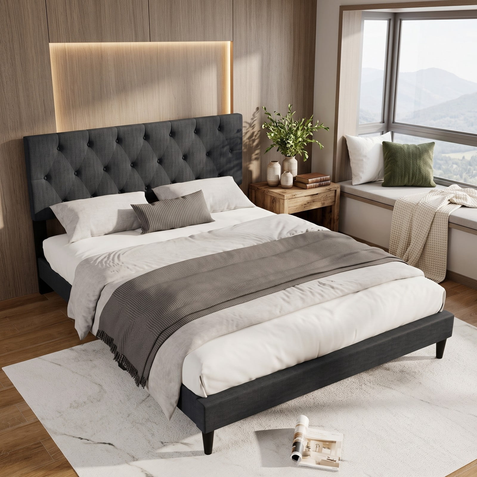 Furnibear Queen Bed Frame, Upholstered Platform Bed Frame with Tufted Wingback Headboard, Queen Bed Frame with Headboard and Slat Support, Gray