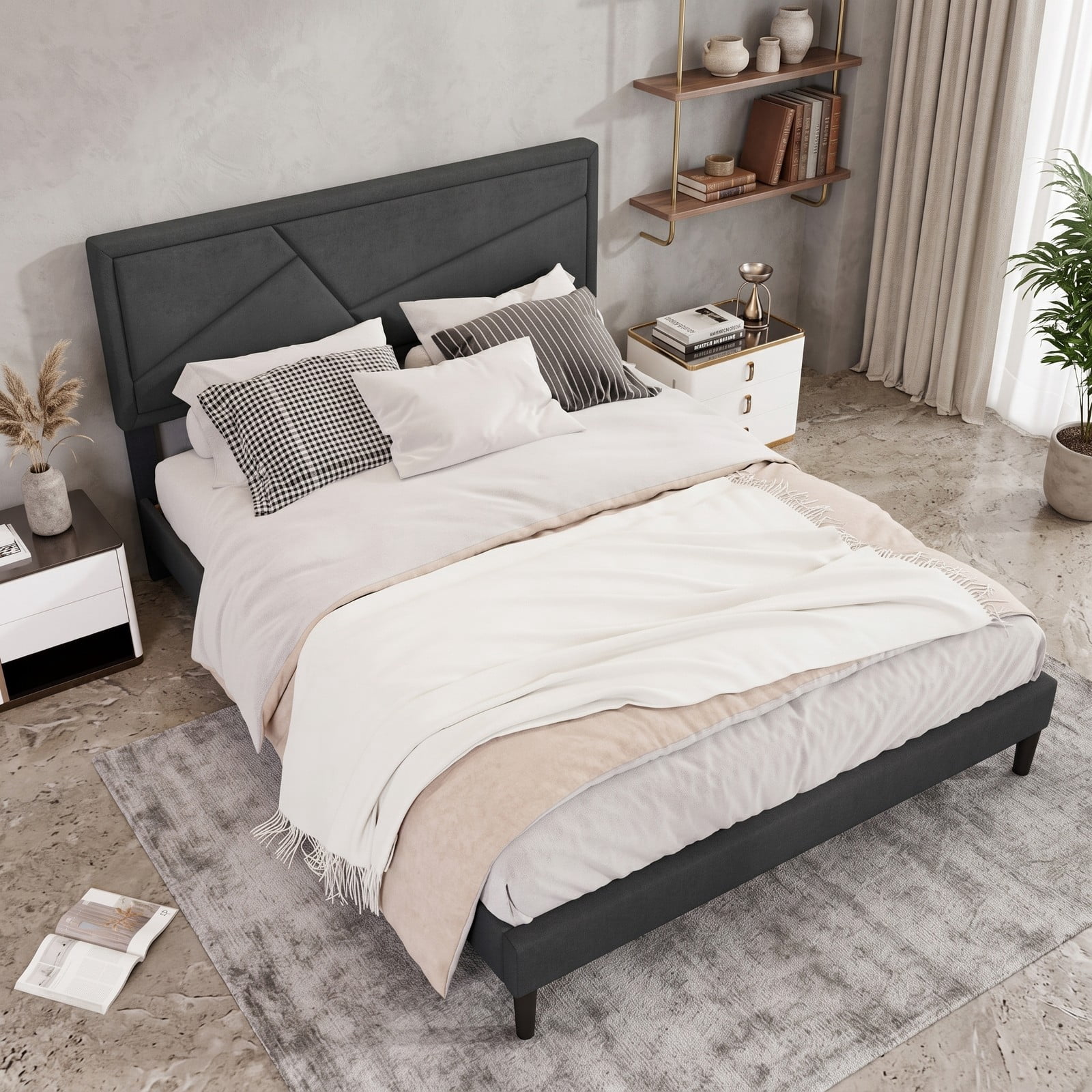 Furnibear Queen Bed Frame with Headboard, Upholstered Platform Bed Frame with 12 Plywood Slats for Modern Bedroom, No Box Spring, Dark Gray