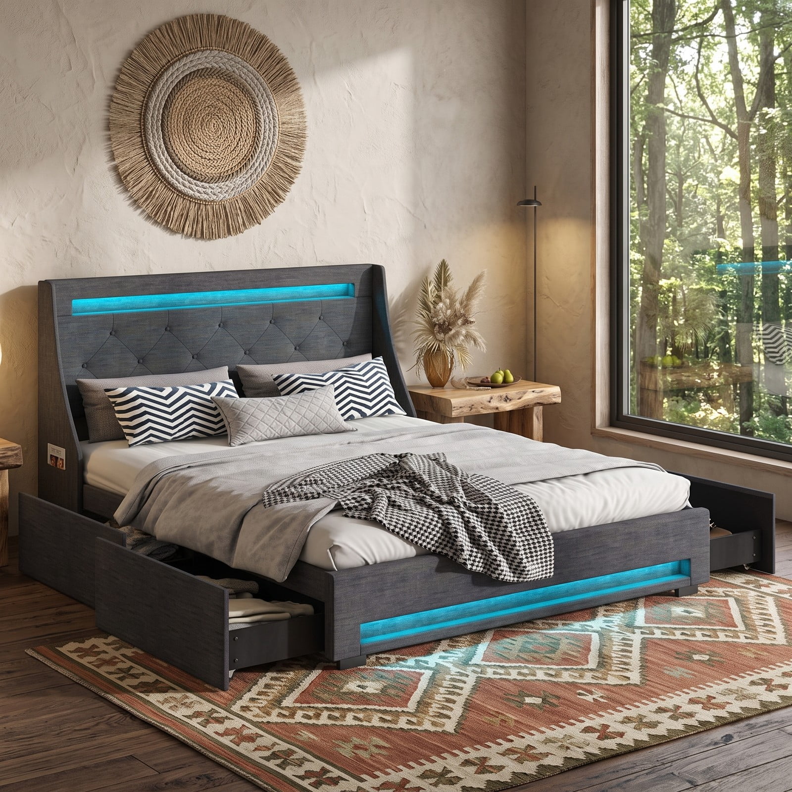 Furnibear Queen Bed Frame Upholstered Platform Bed with LED Lights and Charging Station and 4 Drawers for Bedroom, Gray