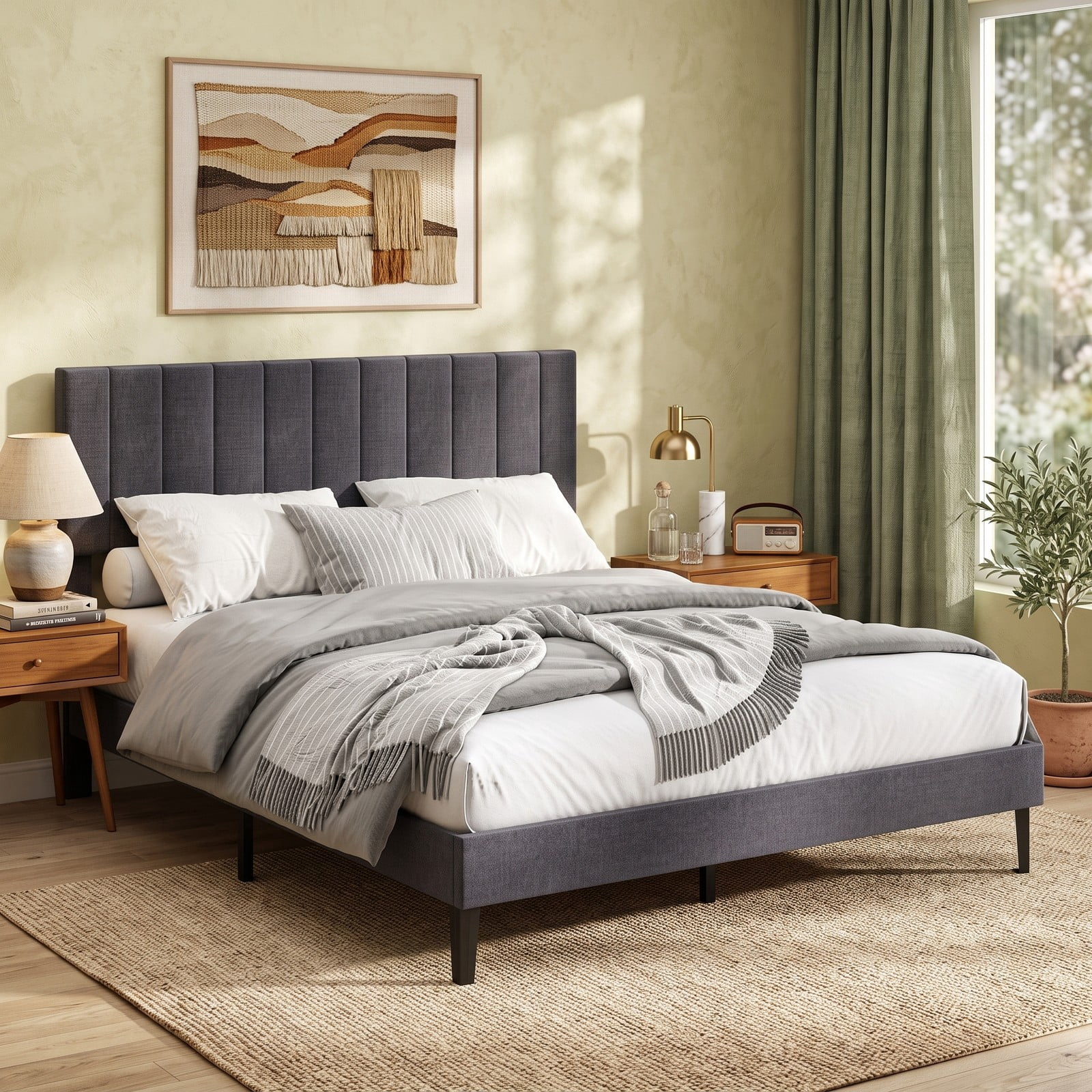 Furnibear Queen Bed Frame, Upholstered Platform Bed Frame with Adjustable Channel Headboard, Queen Bed Frame with Headboard, Modern Gray