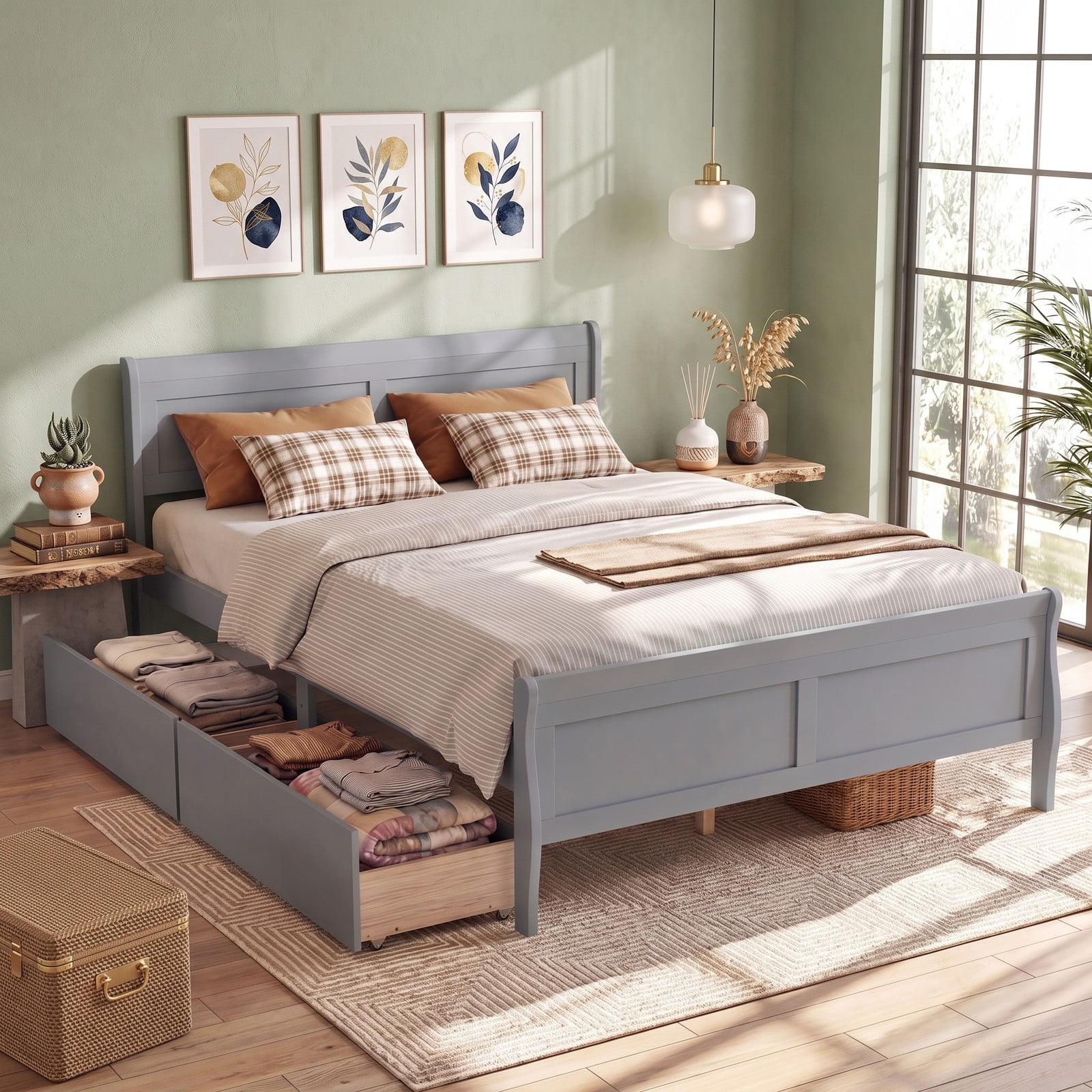 Furnibear Queen Bed Frame, Wood Bed Frame with 2 Storage Drawers Headboard and Footboard, Queen Bed Frame with Headboard for Bedroom, Gray