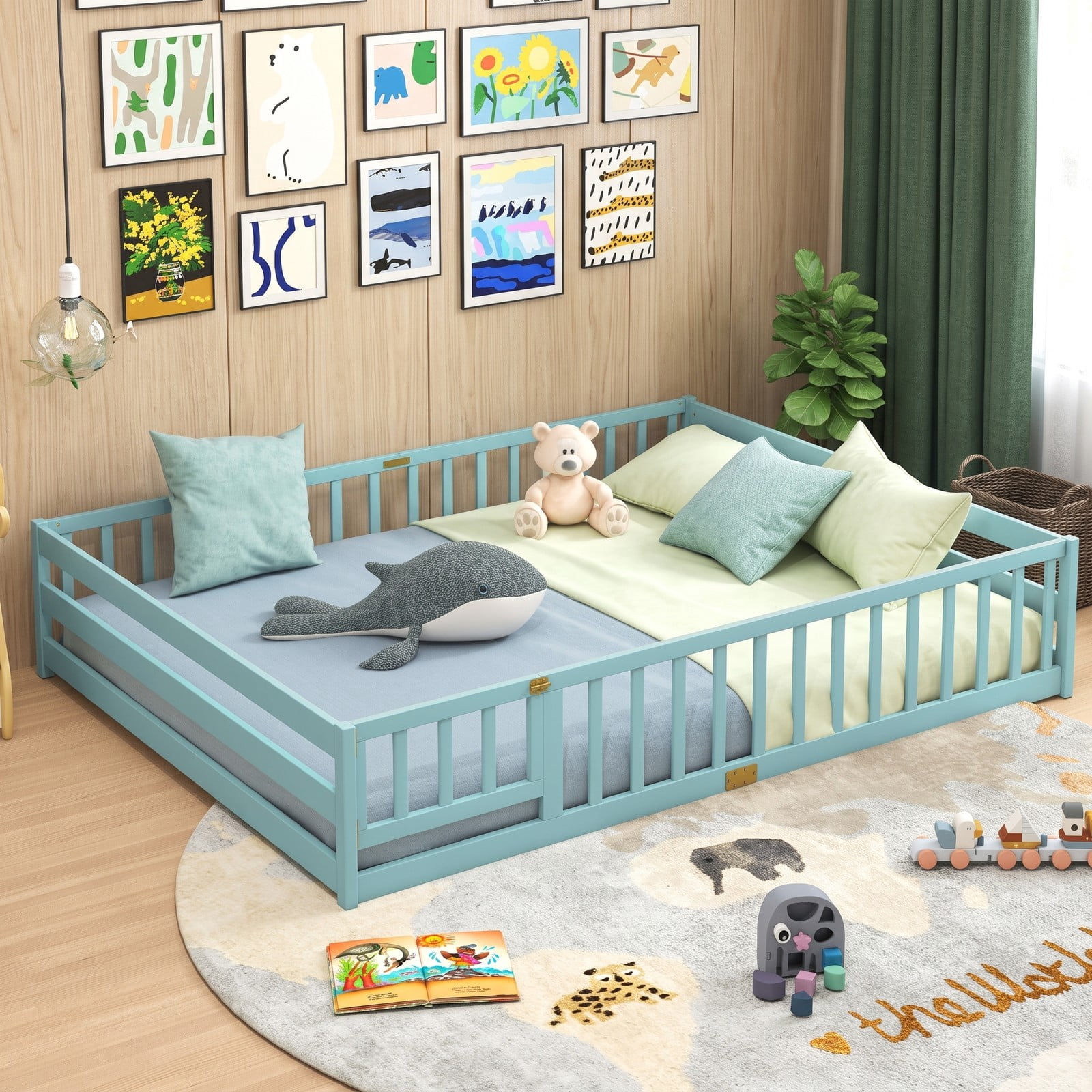 Furnibear Queen Size Wood Montessori Floor Bed Frame with Full Length Guardrails and Lockable Gate, Queen Bed Frame for Kids Bedroom, Aqua