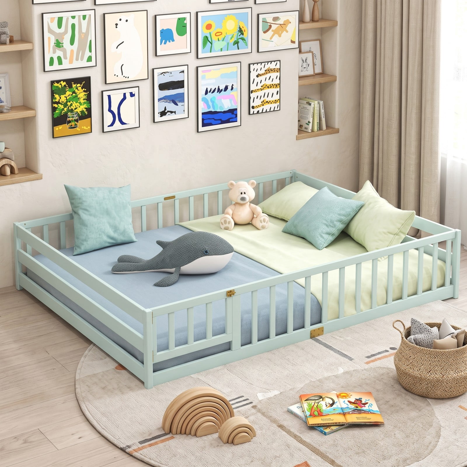 Furnibear Queen Bed Frame, Montessori Floor Bed with Full Length Safety Guardrails and Lockable Gate, Queen Wood Floor Bed for Kids Room, Mint Green