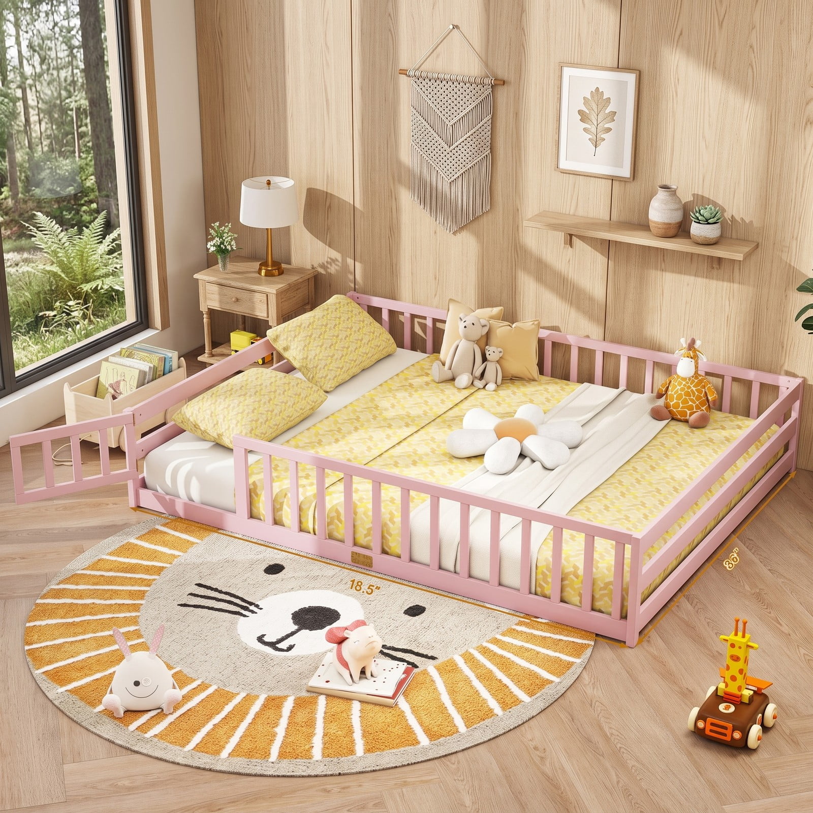 Furnibear Queen Size Wood Montessori Floor Bed Frame with Full Length Guardrails and Lockable Gate, Queen Bed Frame for Kids Bedroom, Pink