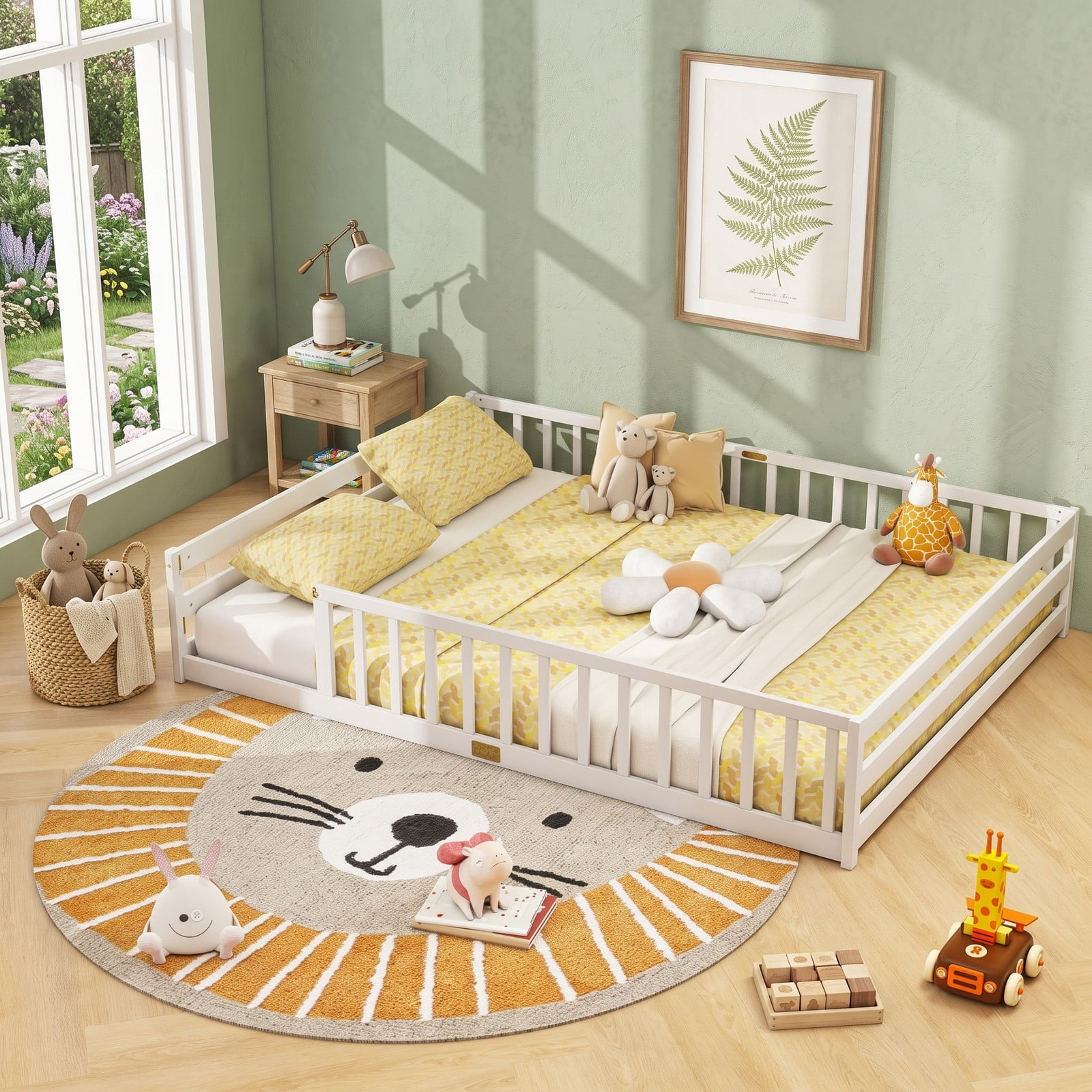 Furnibear Queen Size Bed Frame Montessori Floor Bed for Kids, House Bed with Full Length Guardrails and Lockable Gate, Wood Queen Bed Frame, White