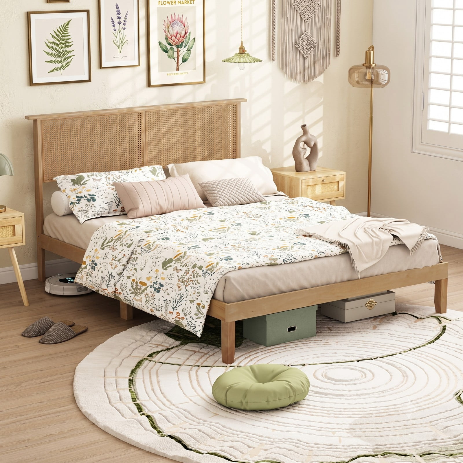 Furnibear Queen Bed Frame with Headboard, Wood Platform Bed Frame with Boho Rattan Headboard and Slat Support, No Box Spring, Natural