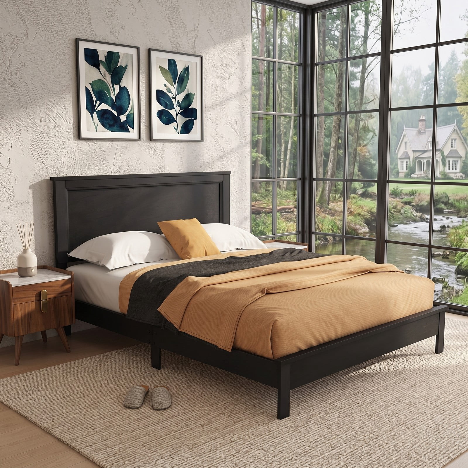 Furnibear Queen Size Bed Frame, Wood Platform Bed Frame with High Slatted Headboard and Rubber Wood Legs, Queen Bed Frame No Box Spring, Espresso