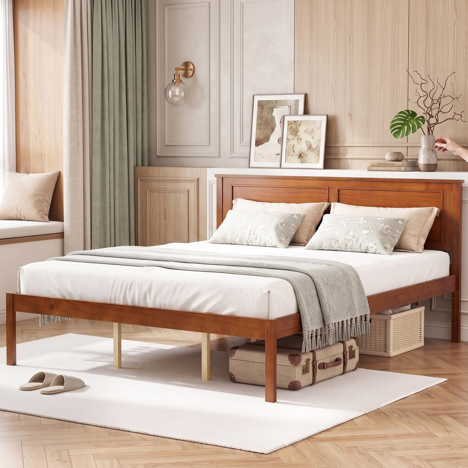 Furnibear Queen Bed Frame, Wood Platform Bed Frame with Paneled Headboard, Queen Bed Frame with Headboard for Farmhouse Bedroom, Walnut