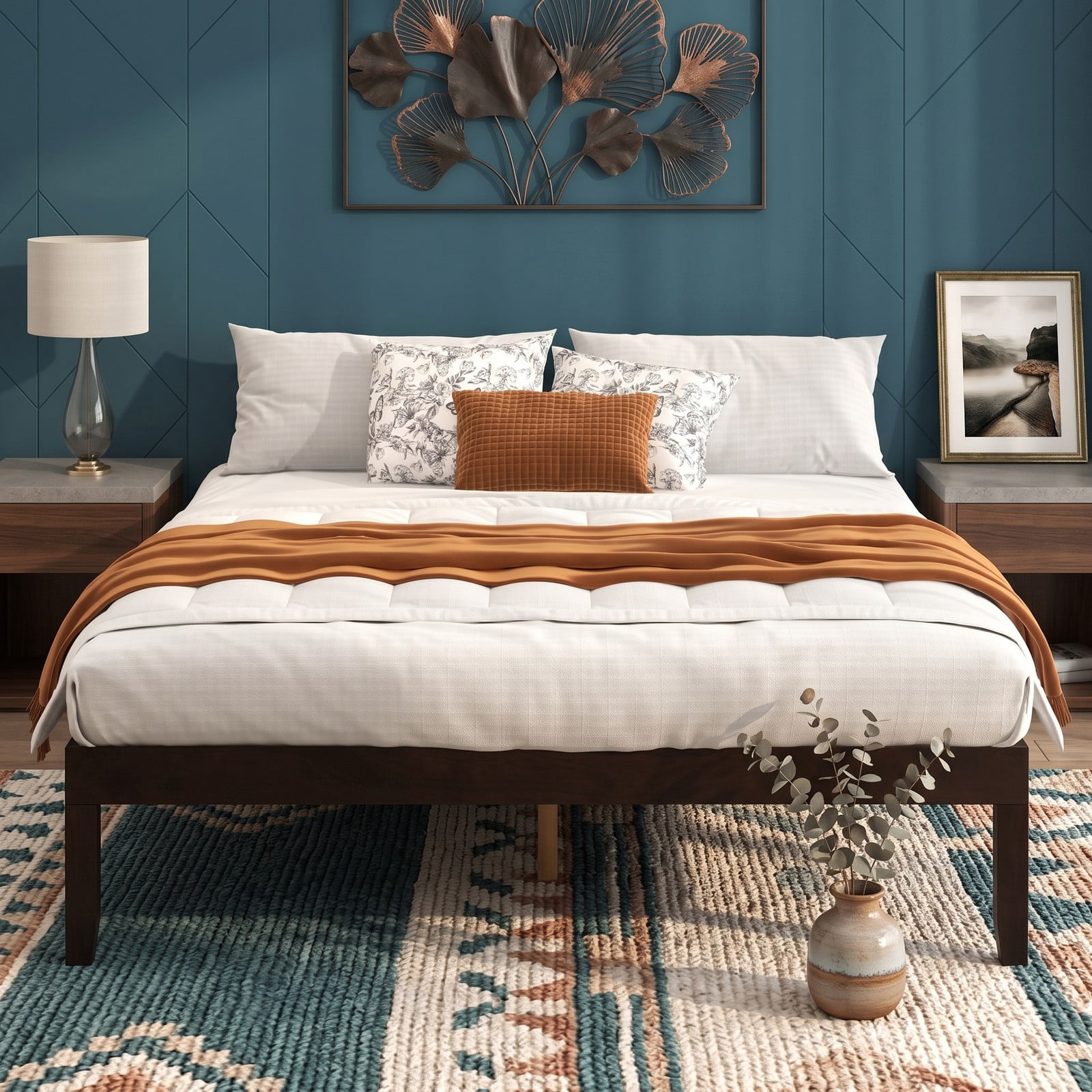 Furnibear Queen Size Bed Frame, Wood Platform Bed Frame with Slat Support and Rubber Wood Legs, Low Profile Queen Platform Bed No Box Spring, Espresso