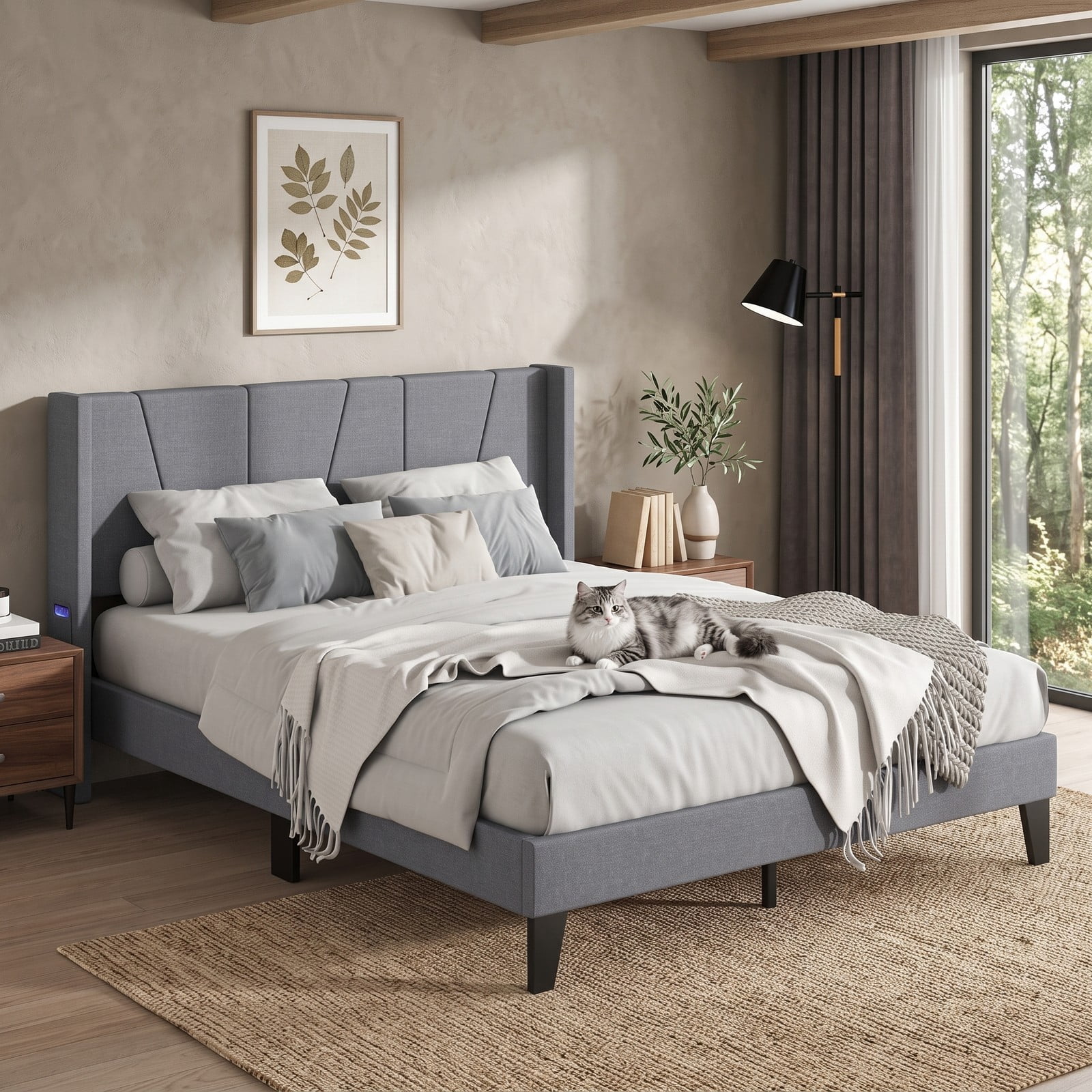 Furnibear Queen Bed Frame with Headboard, Upholstered Platform Bed with Wingback Headboard, Wood Slat Support and Side Storage Pockets, Gray