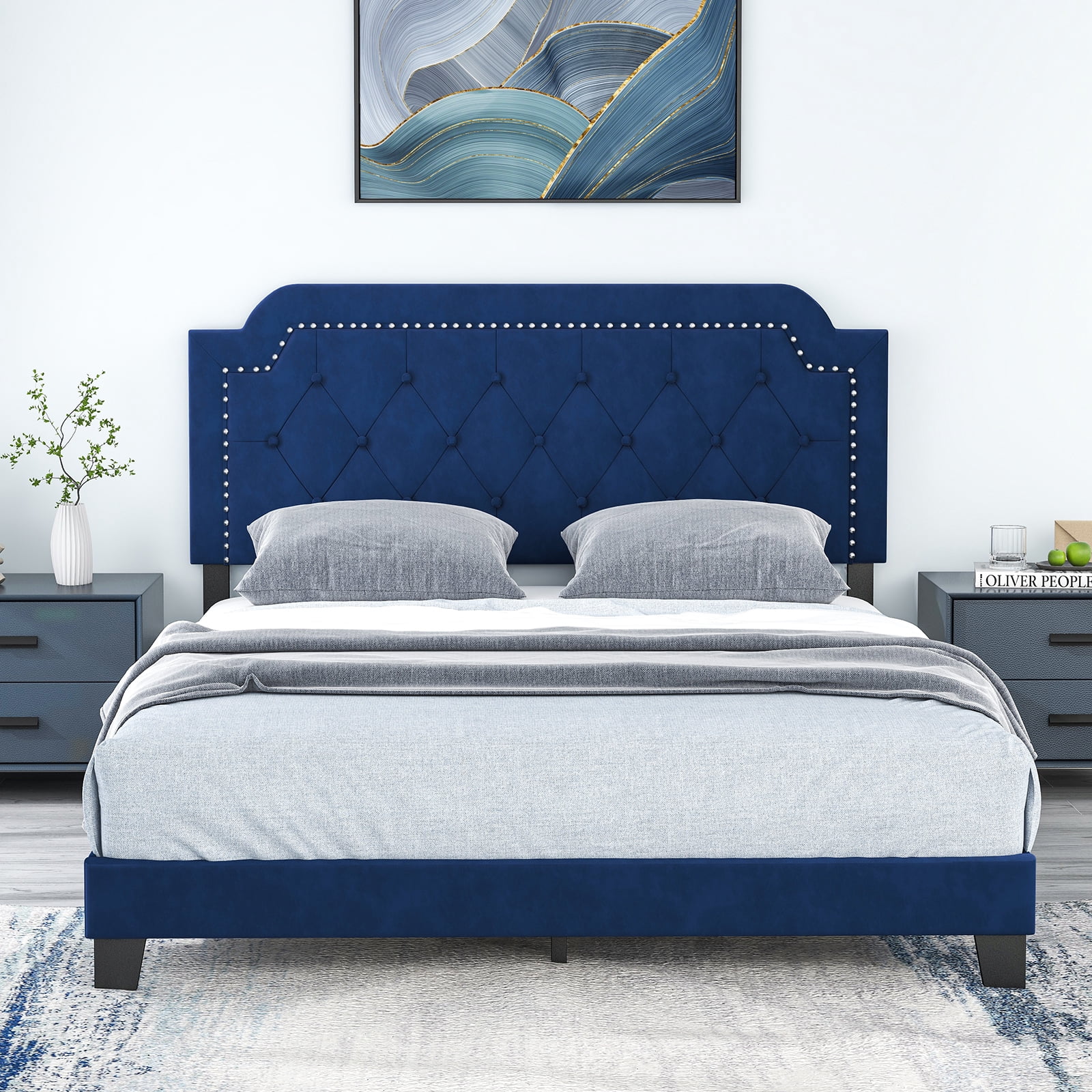Furnibear Queen Size Bed Frame Velvet Upholstered Platform Bed Frame with Nailhead Trim Button Tufted Headboard for Bedroom, Blue